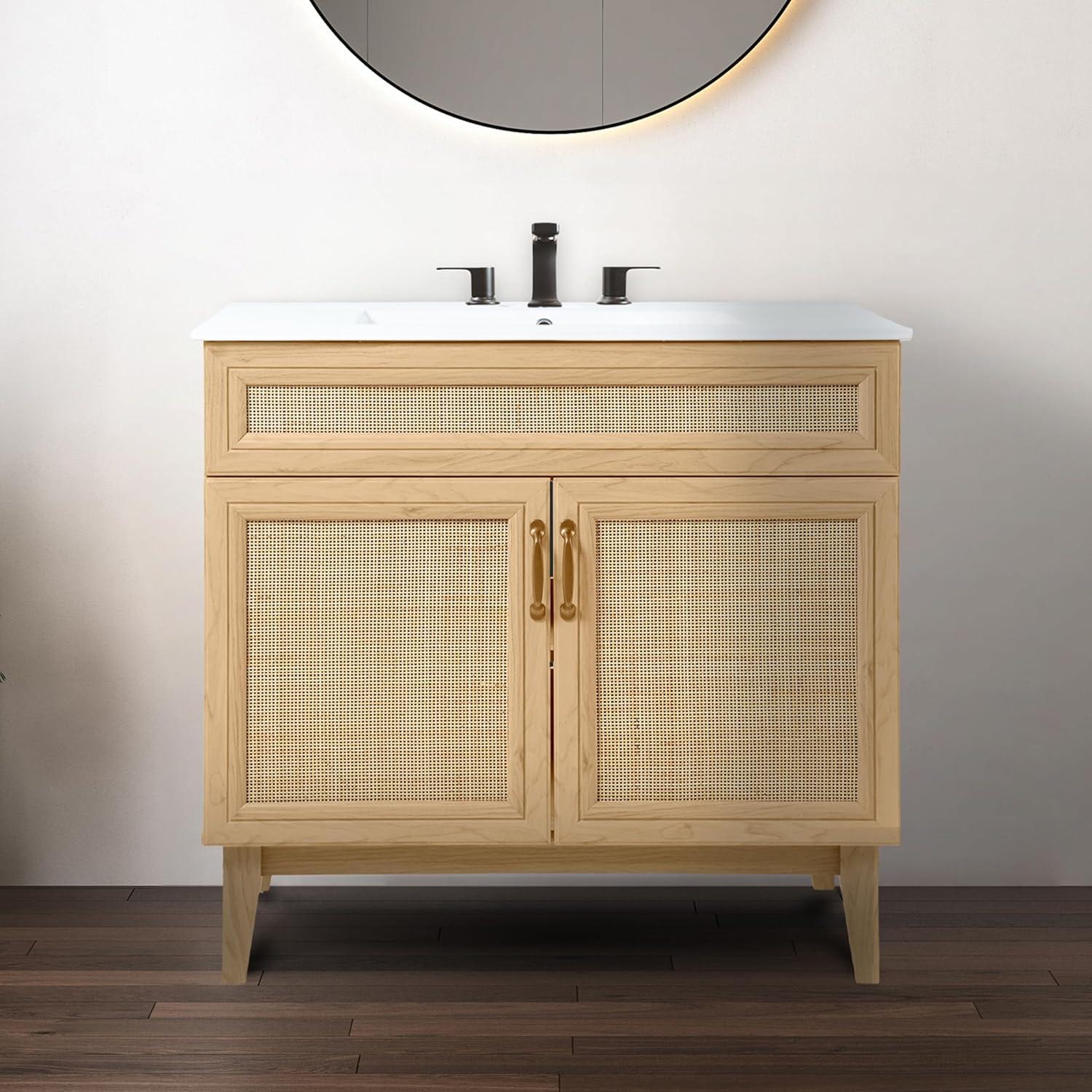 imageJONATHAN Y VAN1010B Javer 30 in W x 18 in D x 33 in H Rattan Modern Farmhouse 2Shelf Bath Vanity Cabinet Only Sink Basin not Included WalnutOak