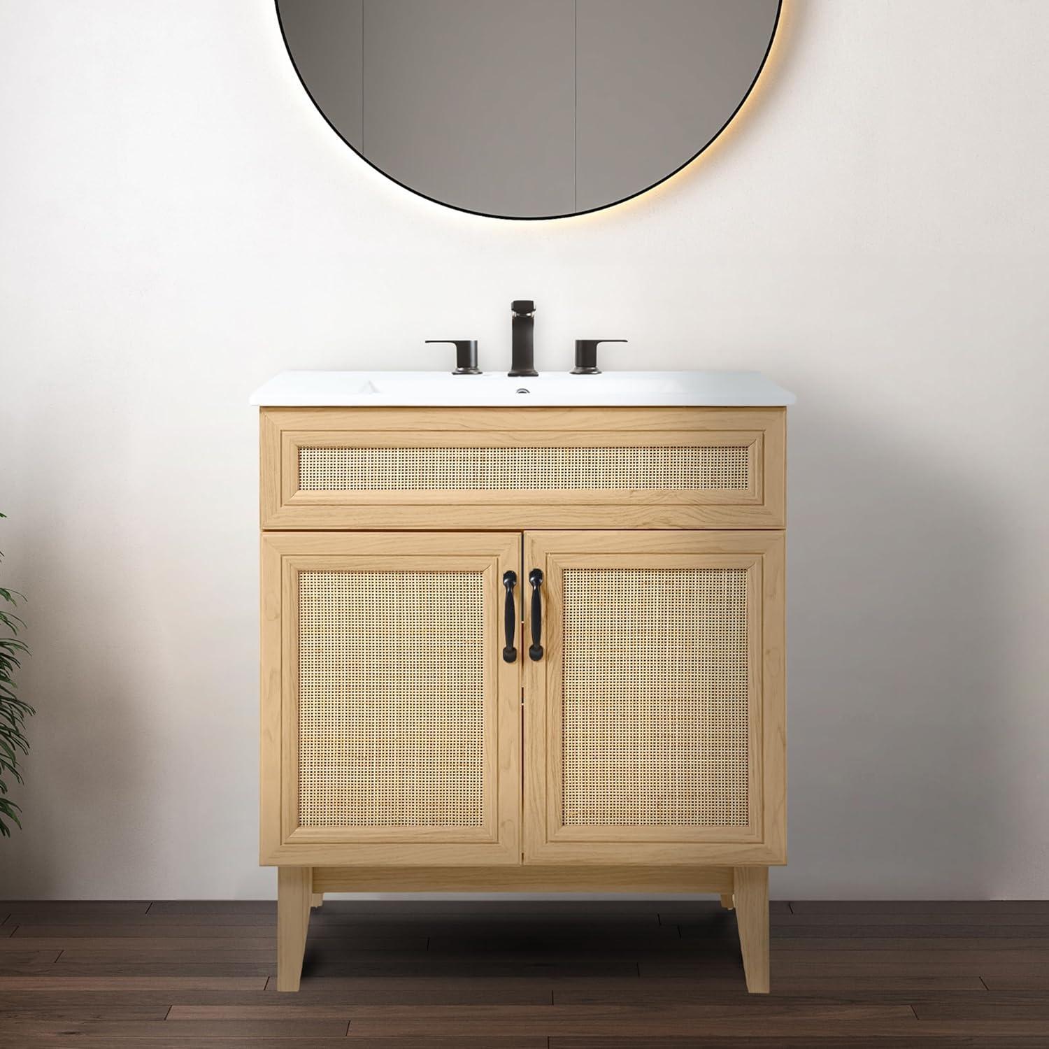 imageJONATHAN Y VAN1010B Javer 30 in W x 18 in D x 33 in H Rattan Modern Farmhouse 2Shelf Bath Vanity Cabinet Only Sink Basin not Included WalnutOak