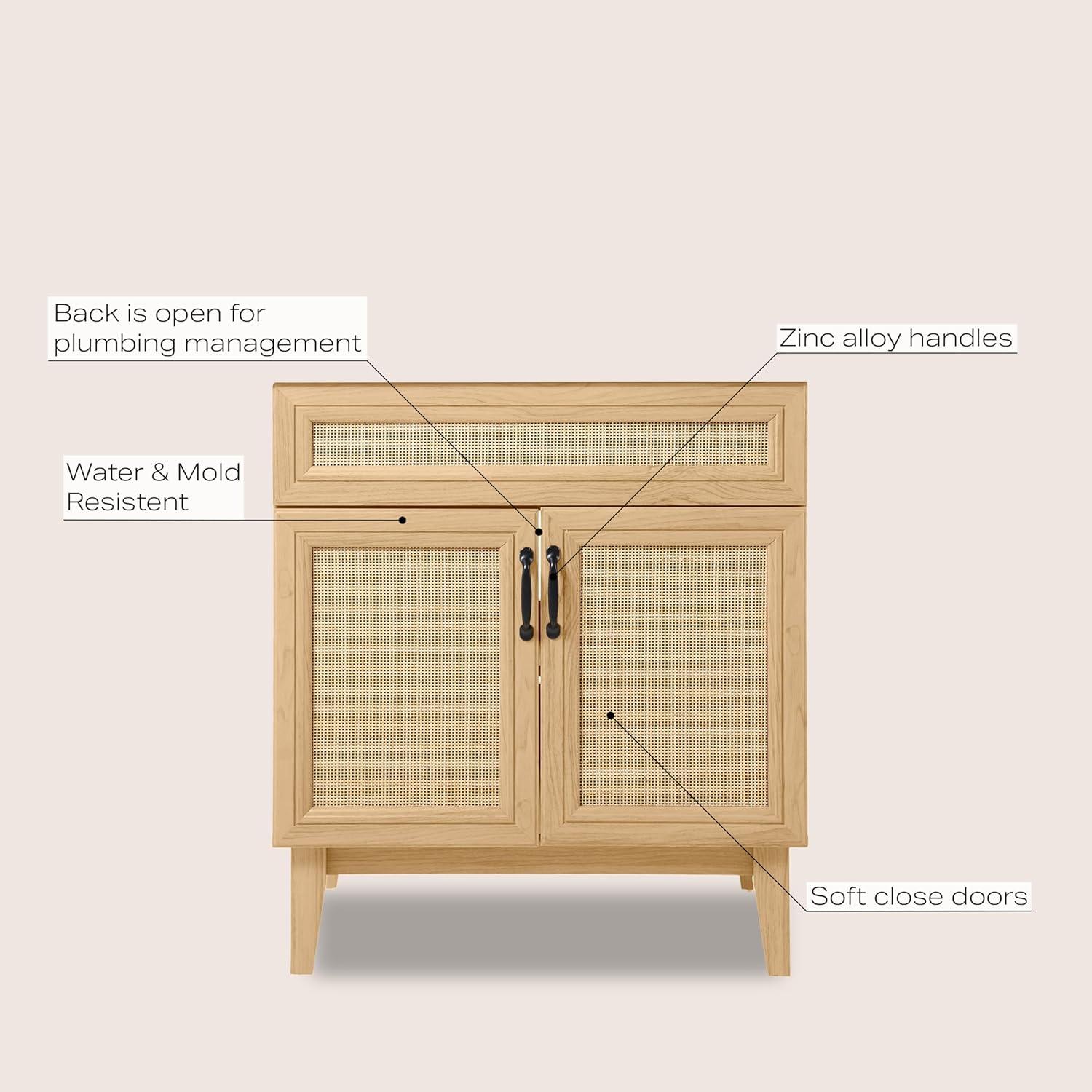 imageJONATHAN Y VAN1010B Javer 30 in W x 18 in D x 33 in H Rattan Modern Farmhouse 2Shelf Bath Vanity Cabinet Only Sink Basin not Included WalnutOak