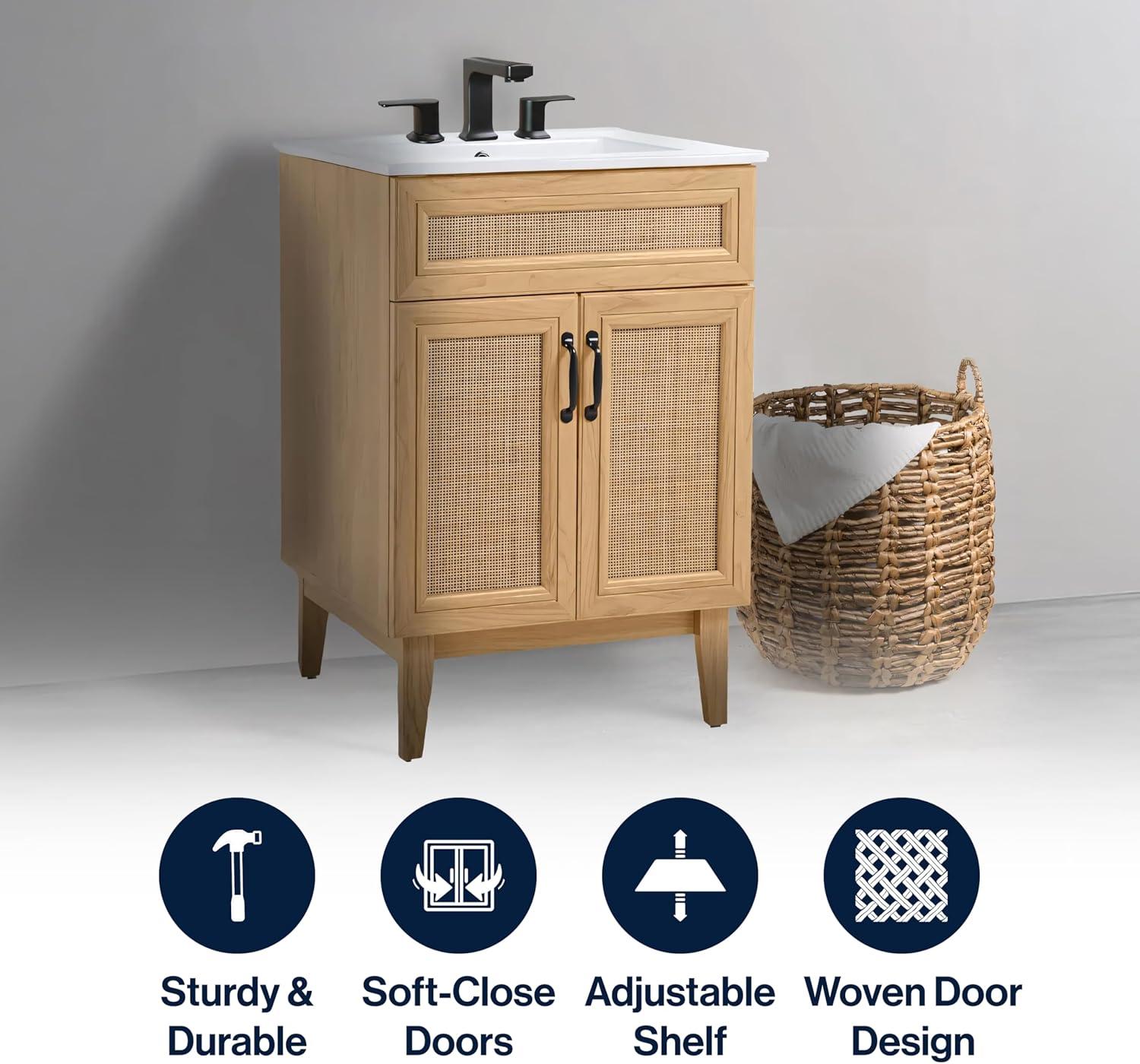 imageJONATHAN Y VAN1010B Javer 30 in W x 18 in D x 33 in H Rattan Modern Farmhouse 2Shelf Bath Vanity Cabinet Only Sink Basin not Included WalnutOak