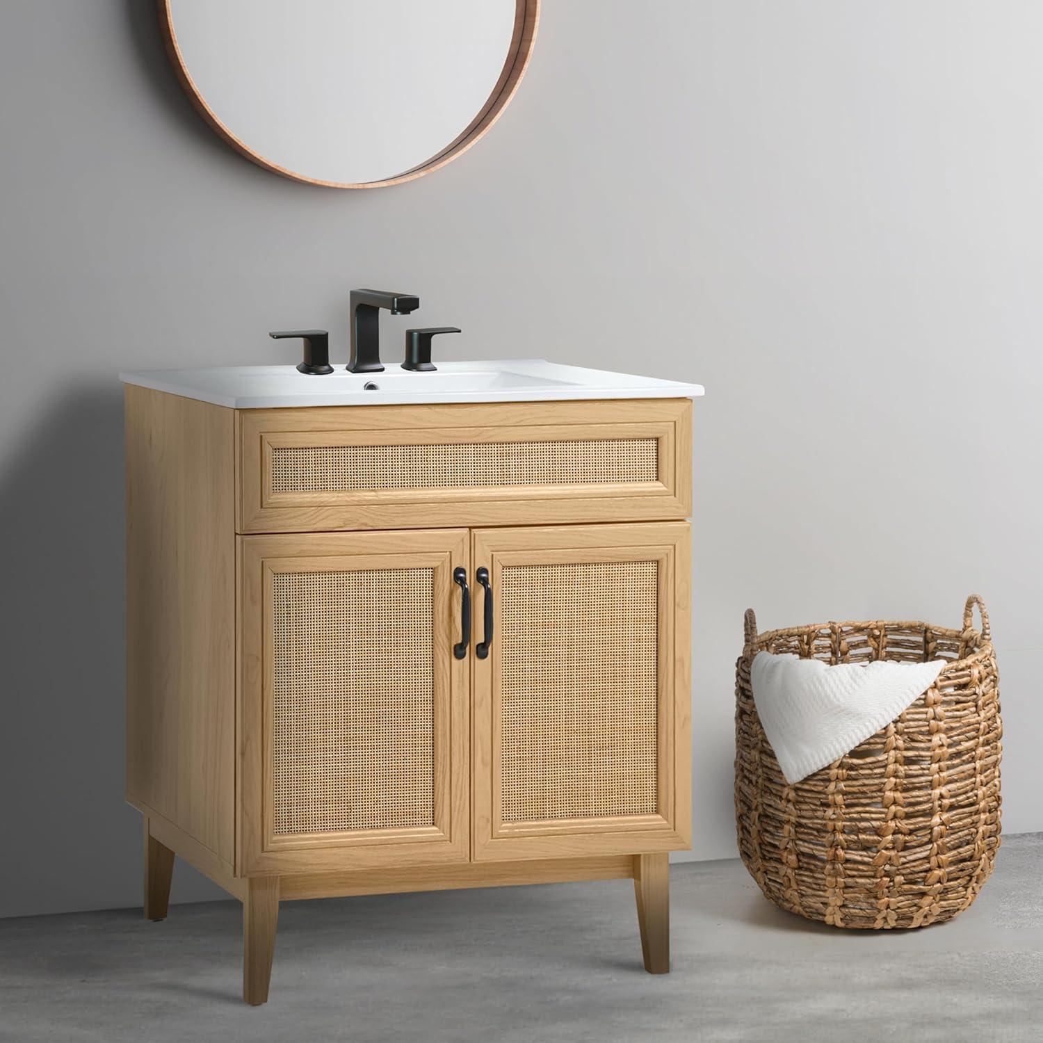 imageJONATHAN Y VAN1010B Javer 30 in W x 18 in D x 33 in H Rattan Modern Farmhouse 2Shelf Bath Vanity Cabinet Only Sink Basin not Included WalnutOak