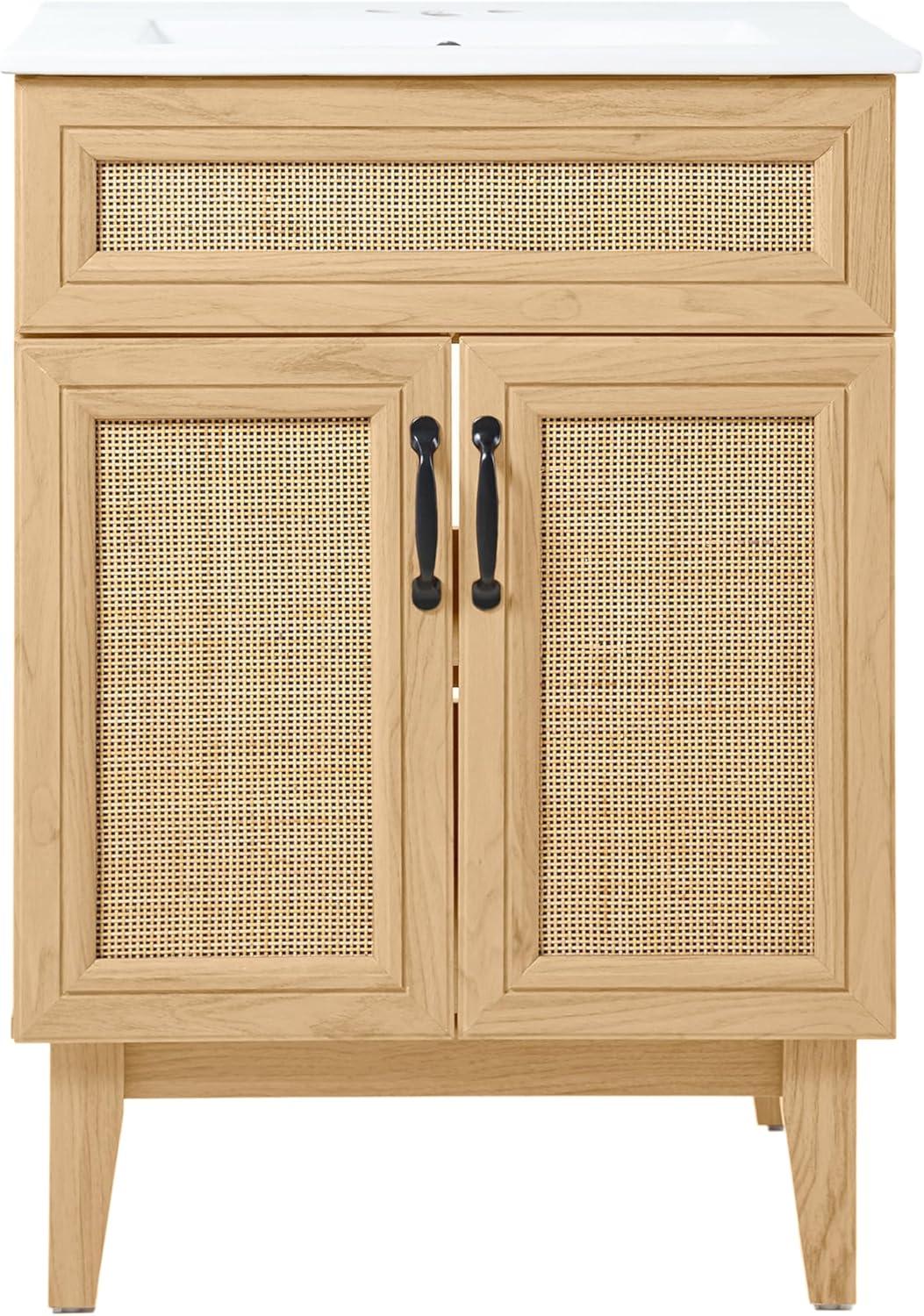 imageJONATHAN Y VAN1010B Javer 30 in W x 18 in D x 33 in H Rattan Modern Farmhouse 2Shelf Bath Vanity Cabinet Only Sink Basin not Included WalnutOak