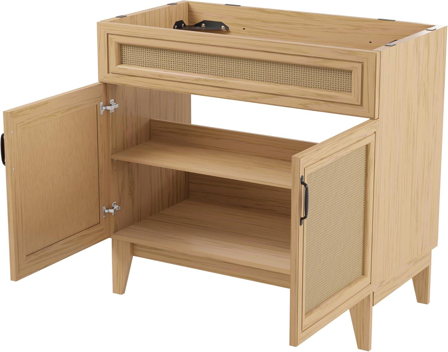 imageJONATHAN Y VAN1010B Javer 30 in W x 18 in D x 33 in H Rattan Modern Farmhouse 2Shelf Bath Vanity Cabinet Only Sink Basin not Included WalnutOak