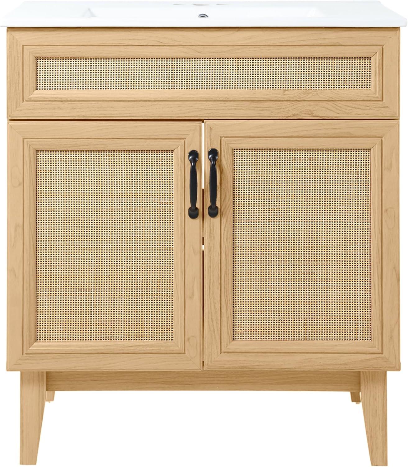 imageJONATHAN Y VAN1010B Javer 30 in W x 18 in D x 33 in H Rattan Modern Farmhouse 2Shelf Bath Vanity Cabinet Only Sink Basin not Included WalnutOak