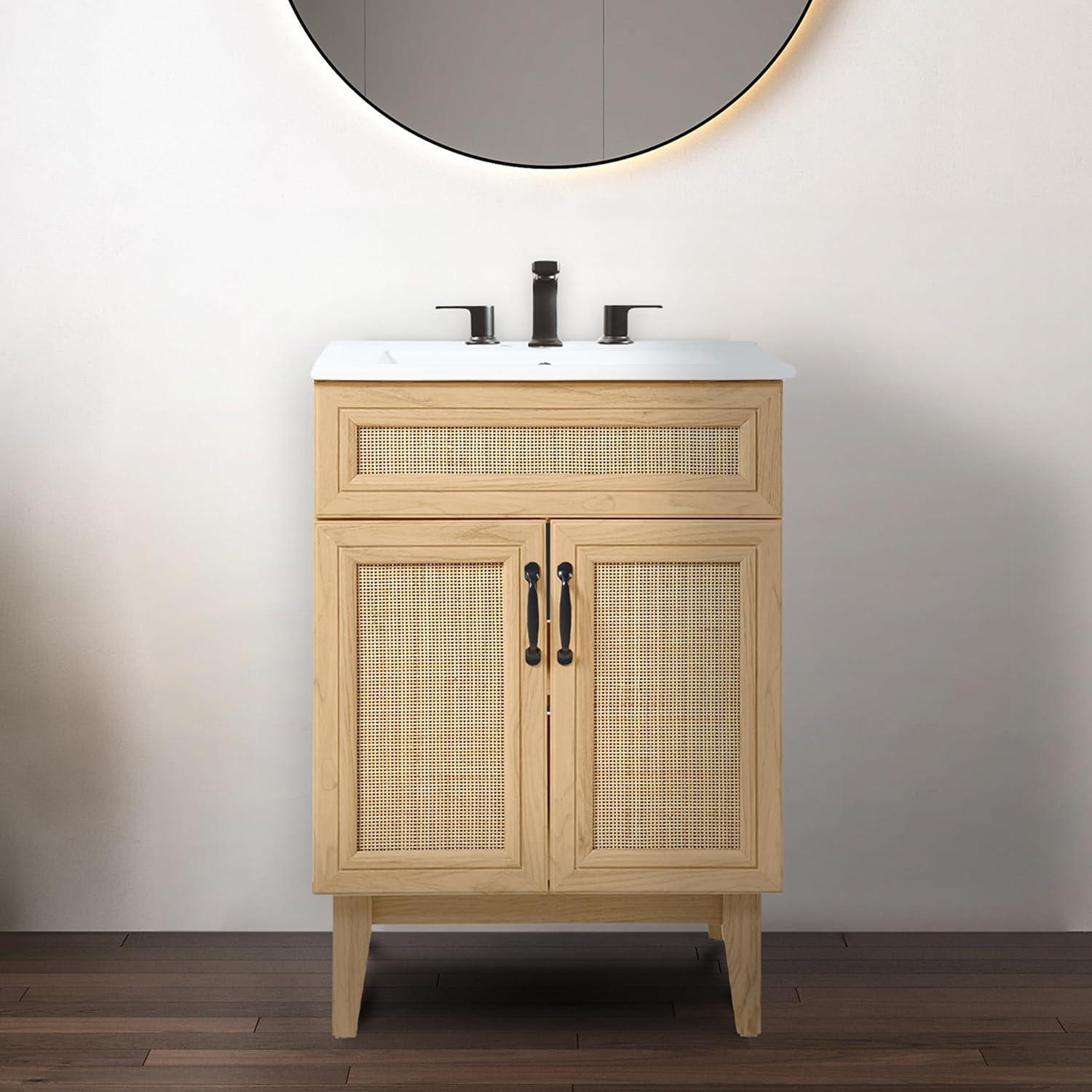 imageJONATHAN Y VAN1010B Javer 30 in W x 18 in D x 33 in H Rattan Modern Farmhouse 2Shelf Bath Vanity Cabinet Only Sink Basin not Included WalnutOak