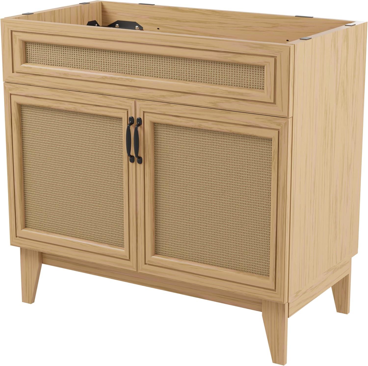 imageJONATHAN Y VAN1010B Javer 30 in W x 18 in D x 33 in H Rattan Modern Farmhouse 2Shelf Bath Vanity Cabinet Only Sink Basin not Included WalnutOak