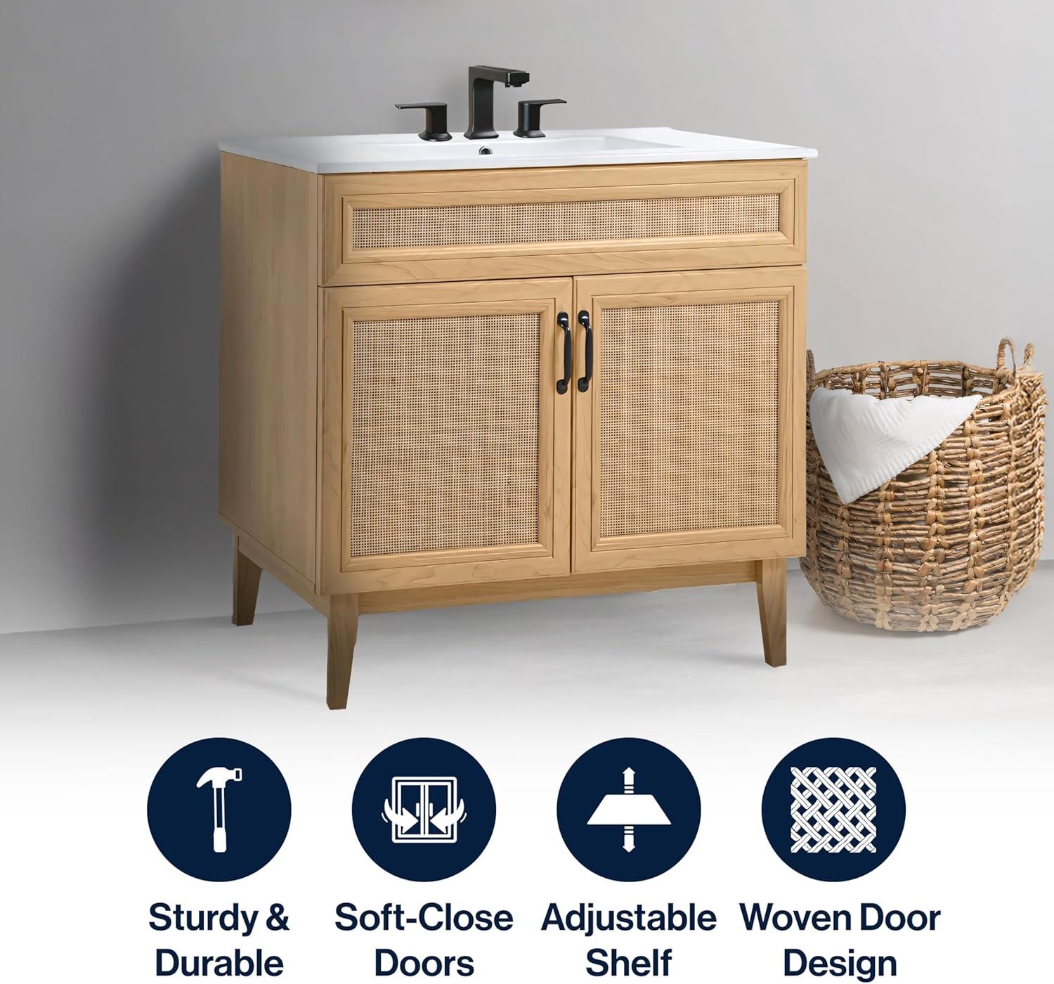 imageJONATHAN Y VAN1010B Javer 30 in W x 18 in D x 33 in H Rattan Modern Farmhouse 2Shelf Bath Vanity Cabinet Only Sink Basin not Included WalnutOak