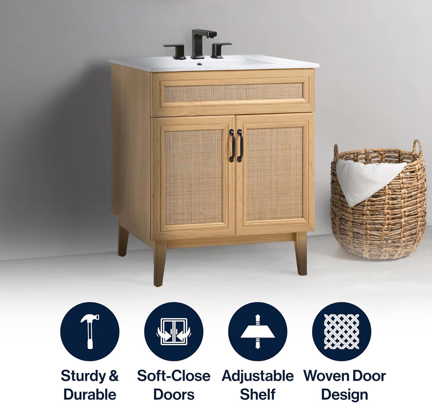 imageJONATHAN Y VAN1010B Javer 30 in W x 18 in D x 33 in H Rattan Modern Farmhouse 2Shelf Bath Vanity Cabinet Only Sink Basin not Included WalnutOak