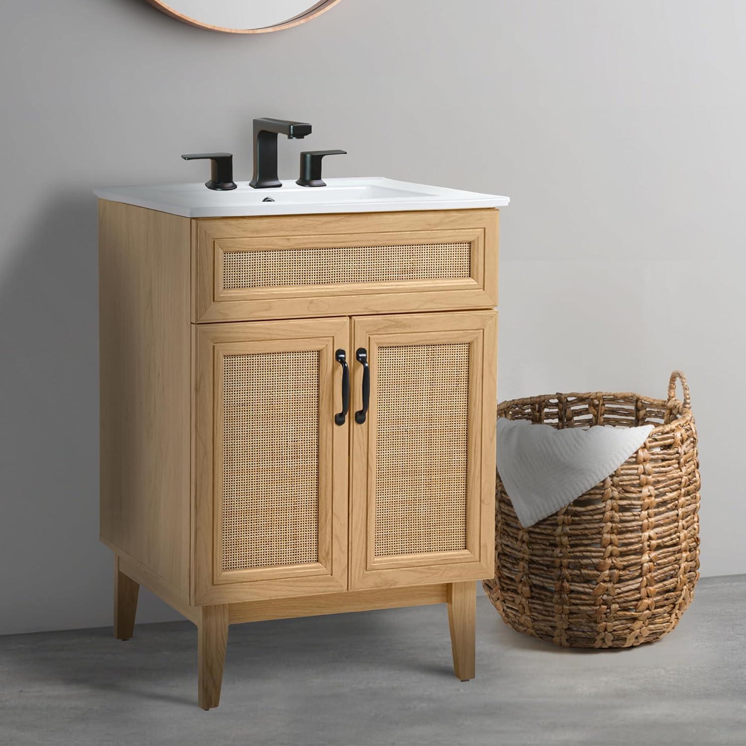 imageJONATHAN Y VAN1010B Javer 30 in W x 18 in D x 33 in H Rattan Modern Farmhouse 2Shelf Bath Vanity Cabinet Only Sink Basin not Included WalnutOak
