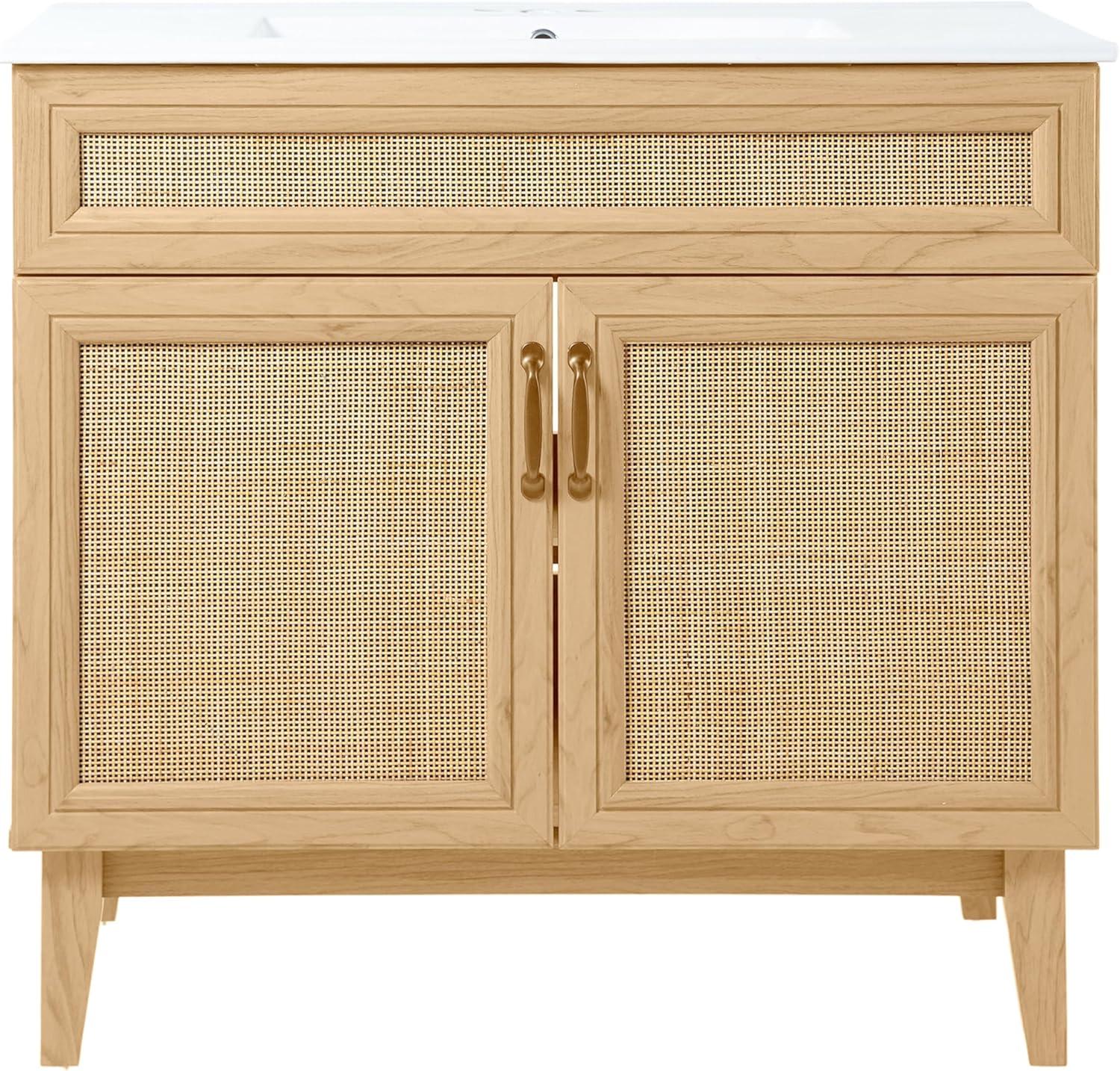 imageJONATHAN Y VAN1010B Javer 30 in W x 18 in D x 33 in H Rattan Modern Farmhouse 2Shelf Bath Vanity Cabinet Only Sink Basin not Included WalnutOak