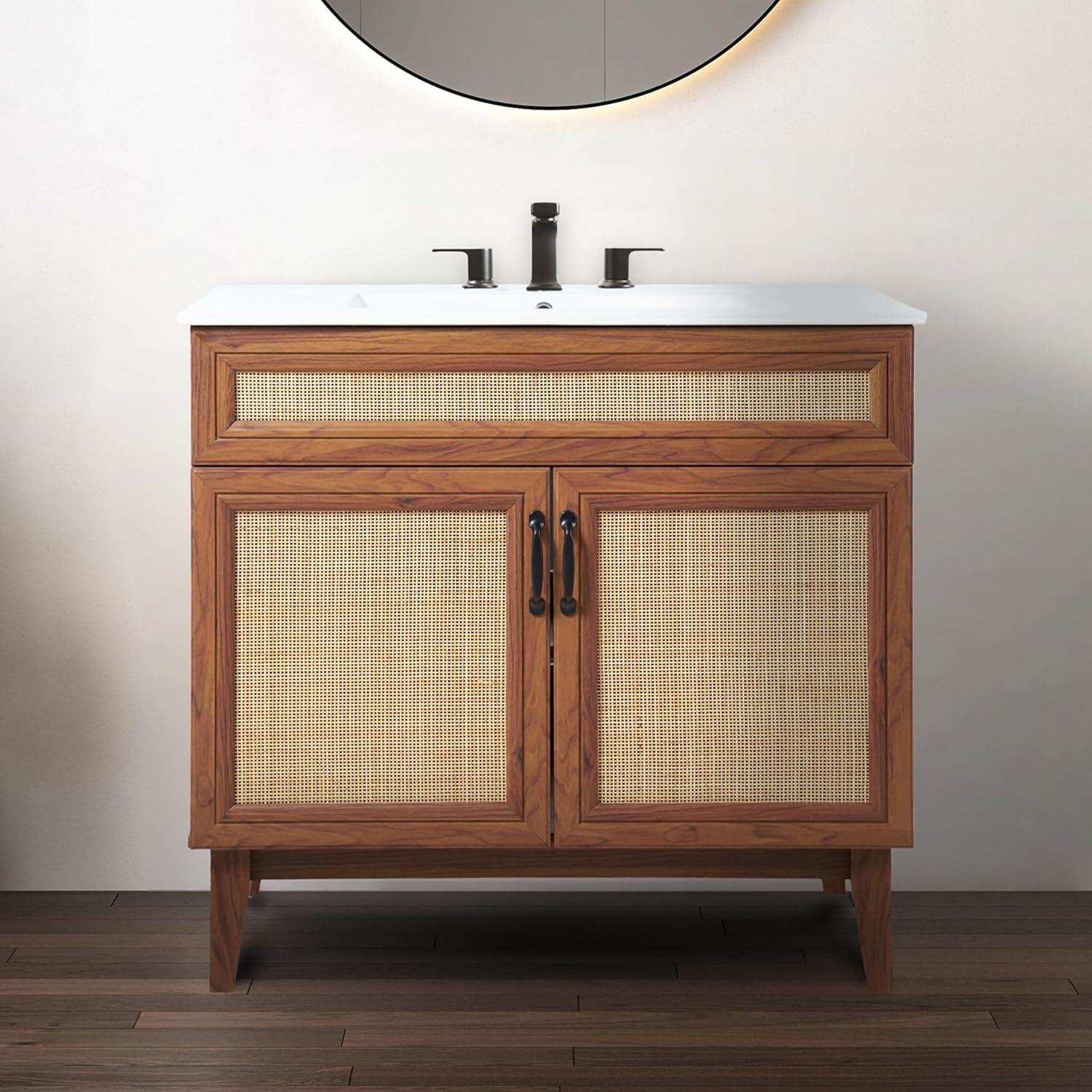 imageJONATHAN Y VAN1010B Javer 30 in W x 18 in D x 33 in H Rattan Modern Farmhouse 2Shelf Bath Vanity Cabinet Only Sink Basin not Included WalnutWalnut