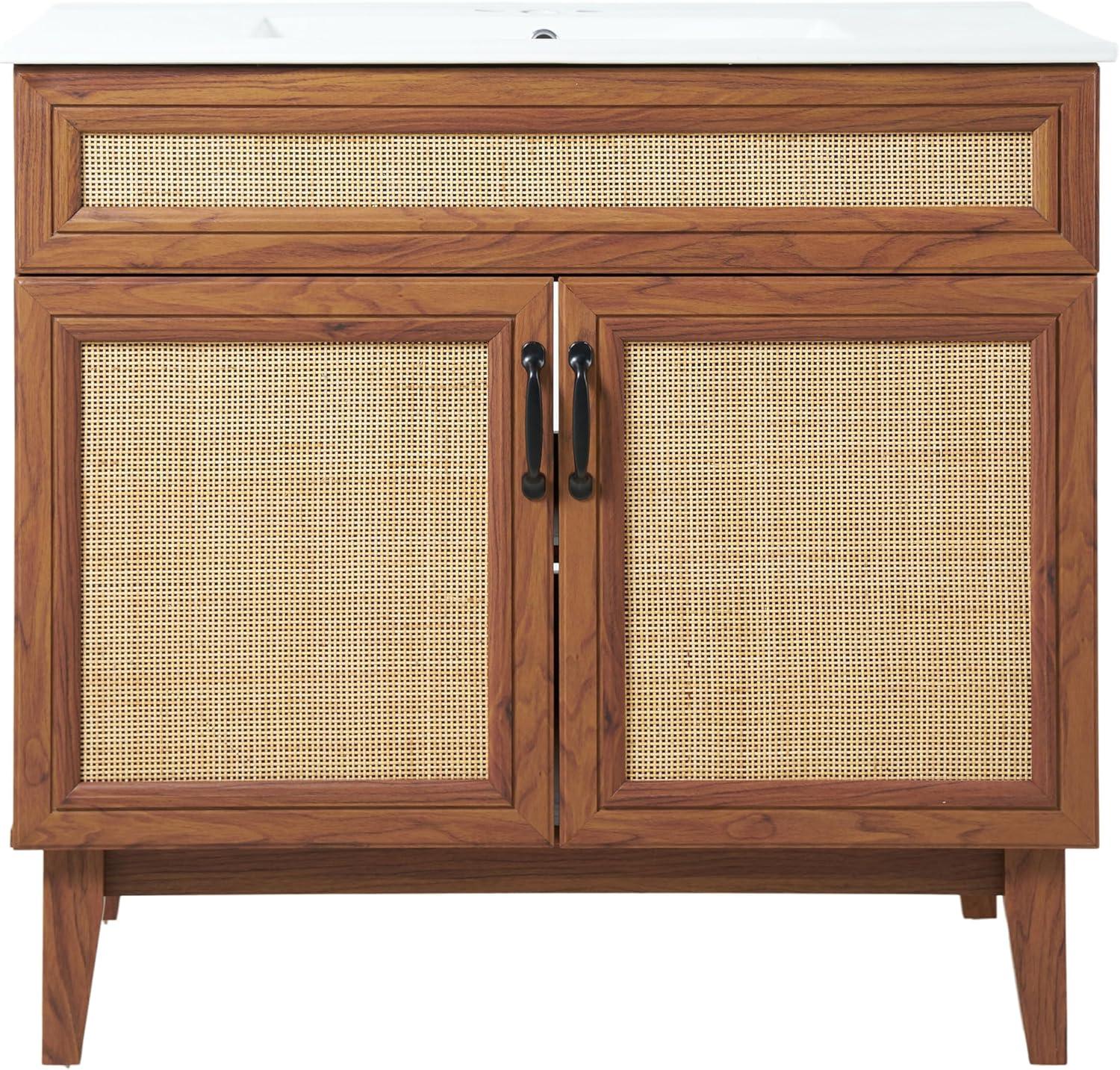 imageJONATHAN Y VAN1010B Javer 30 in W x 18 in D x 33 in H Rattan Modern Farmhouse 2Shelf Bath Vanity Cabinet Only Sink Basin not Included WalnutWalnut