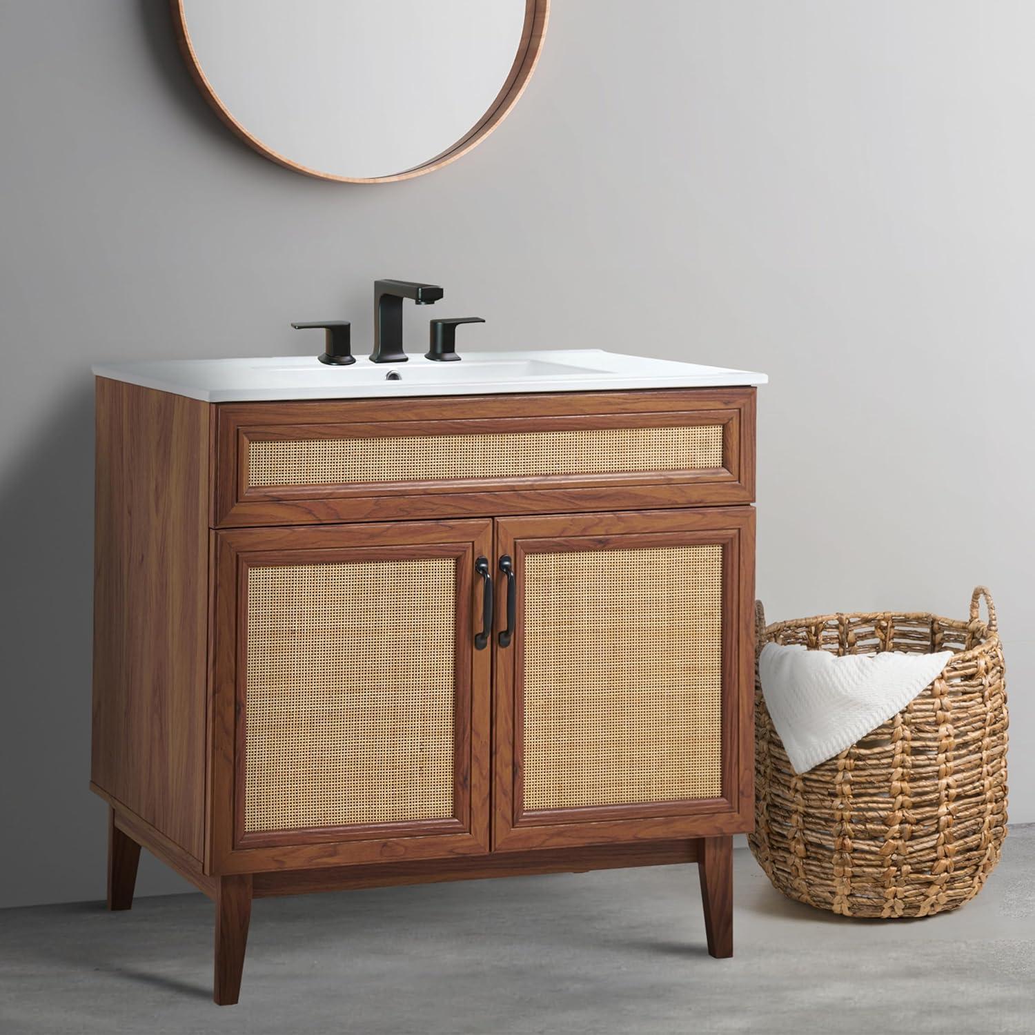imageJONATHAN Y VAN1010B Javer 30 in W x 18 in D x 33 in H Rattan Modern Farmhouse 2Shelf Bath Vanity Cabinet Only Sink Basin not Included WalnutWalnut