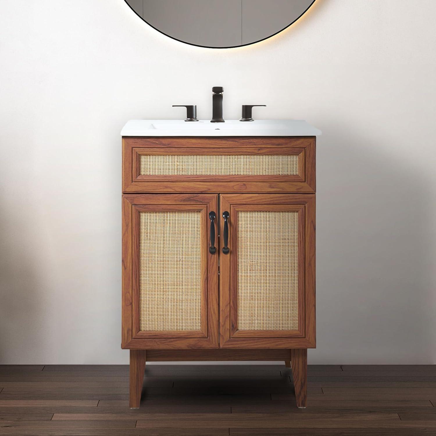 imageJONATHAN Y VAN1010B Javer 30 in W x 18 in D x 33 in H Rattan Modern Farmhouse 2Shelf Bath Vanity Cabinet Only Sink Basin not Included WalnutWalnut