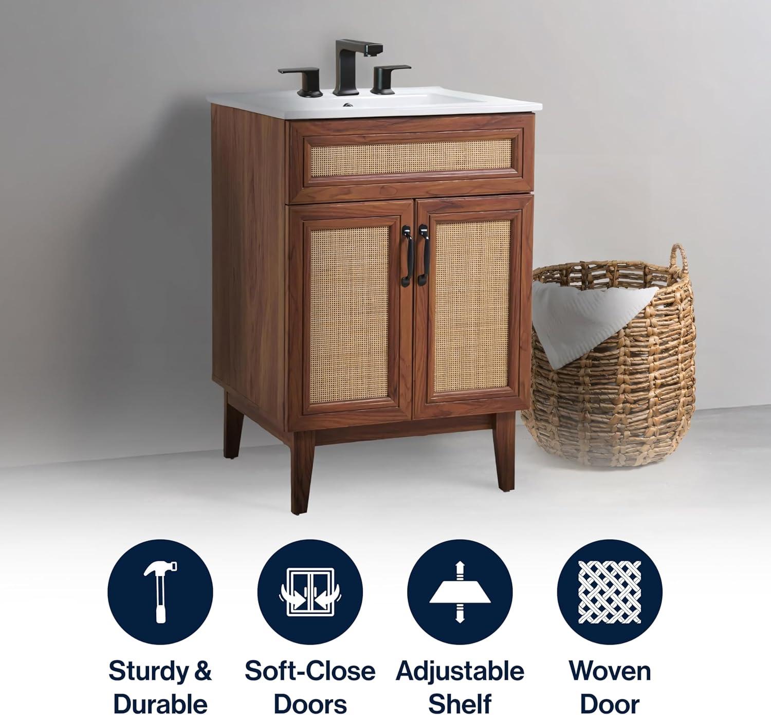 imageJONATHAN Y VAN1010B Javer 30 in W x 18 in D x 33 in H Rattan Modern Farmhouse 2Shelf Bath Vanity Cabinet Only Sink Basin not Included WalnutWalnut