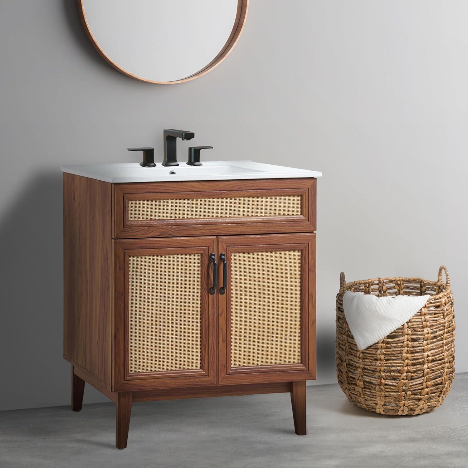 imageJONATHAN Y VAN1010B Javer 30 in W x 18 in D x 33 in H Rattan Modern Farmhouse 2Shelf Bath Vanity Cabinet Only Sink Basin not Included WalnutWalnut