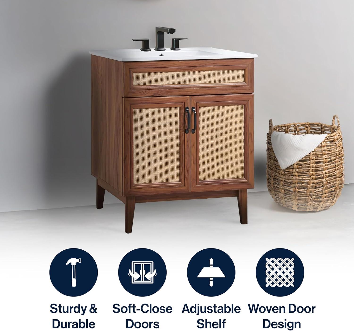 imageJONATHAN Y VAN1010B Javer 30 in W x 18 in D x 33 in H Rattan Modern Farmhouse 2Shelf Bath Vanity Cabinet Only Sink Basin not Included WalnutWalnut