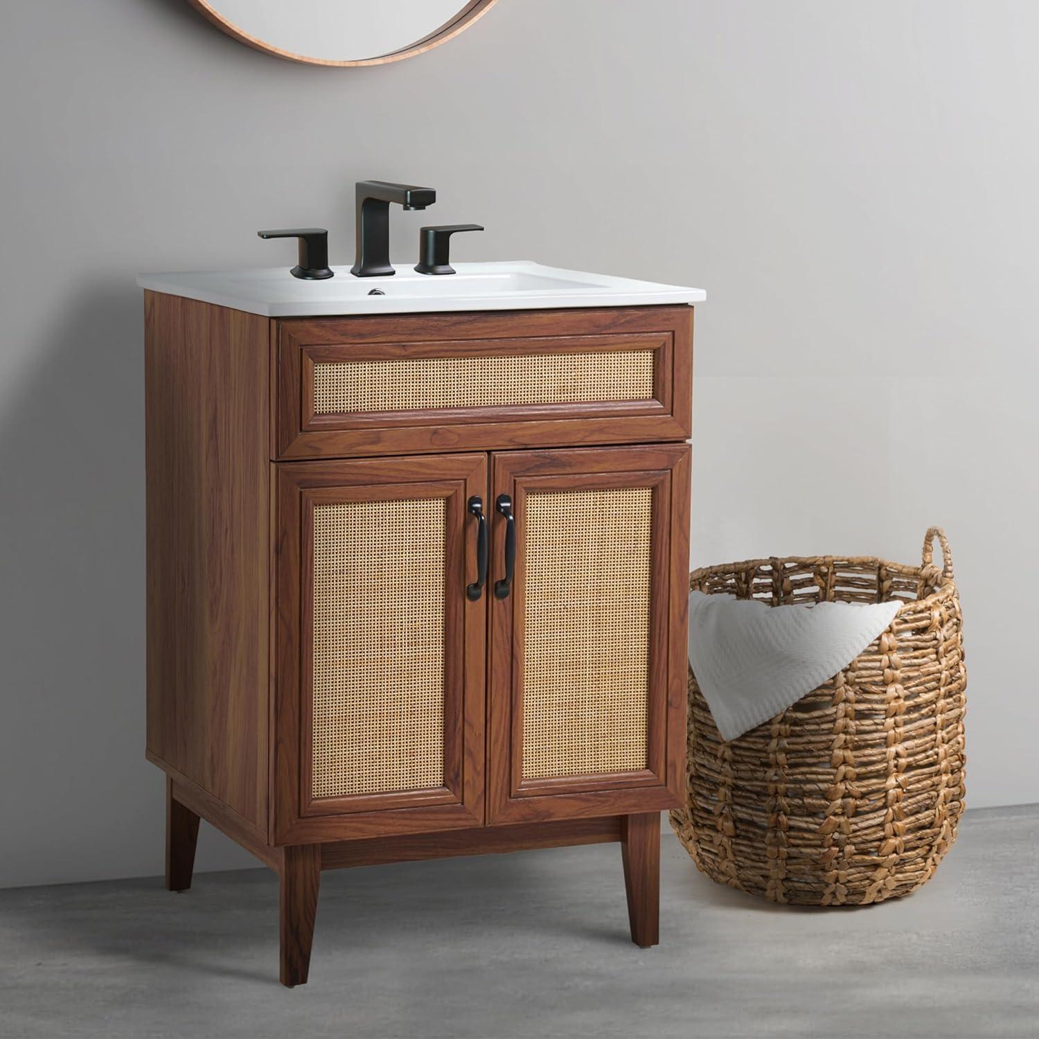 imageJONATHAN Y VAN1010B Javer 30 in W x 18 in D x 33 in H Rattan Modern Farmhouse 2Shelf Bath Vanity Cabinet Only Sink Basin not Included WalnutWalnut