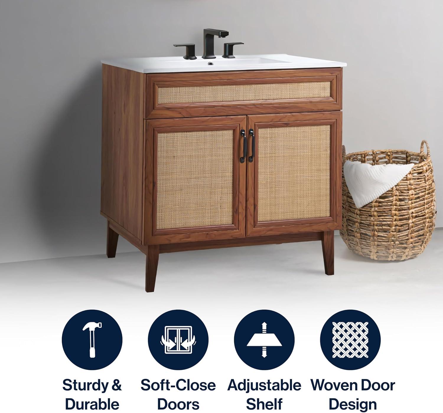 imageJONATHAN Y VAN1010B Javer 30 in W x 18 in D x 33 in H Rattan Modern Farmhouse 2Shelf Bath Vanity Cabinet Only Sink Basin not Included WalnutWalnut