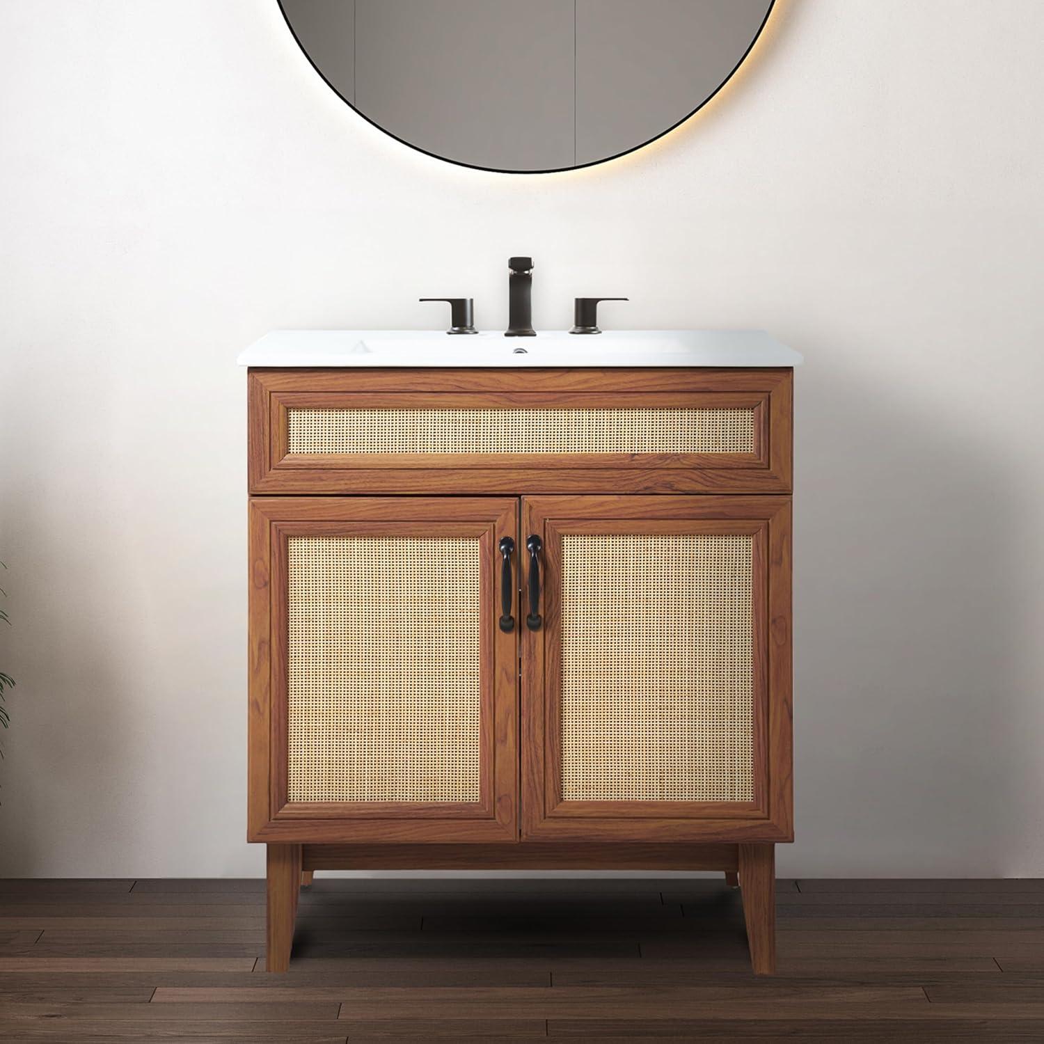 imageJONATHAN Y VAN1010B Javer 30 in W x 18 in D x 33 in H Rattan Modern Farmhouse 2Shelf Bath Vanity Cabinet Only Sink Basin not Included WalnutWalnut