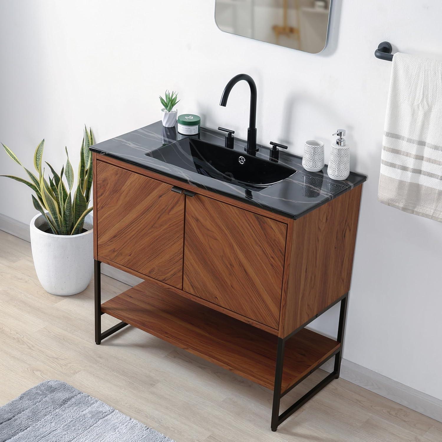 imageJONATHAN Y VAN1015A Juhl 35 in W x 18 in D x 33 in H ChevronFront Modern Minimalist 2Shelf Bathroom Vanity Cabinet Only with Soft Closing Doors Sink Basin Not Included OakWalnut