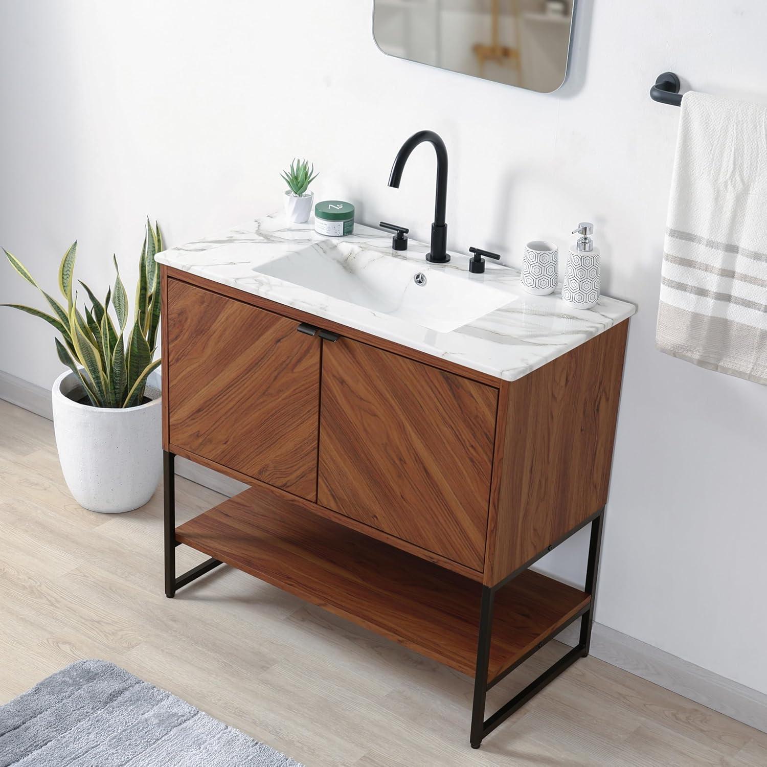 imageJONATHAN Y VAN1015A Juhl 35 in W x 18 in D x 33 in H ChevronFront Modern Minimalist 2Shelf Bathroom Vanity Cabinet Only with Soft Closing Doors Sink Basin Not Included OakWalnut