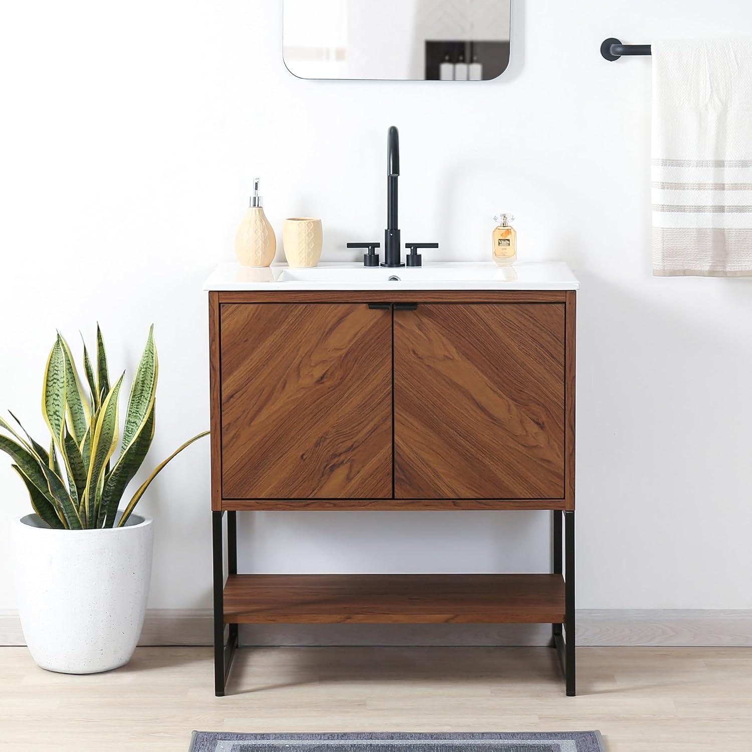 imageJONATHAN Y VAN1015A Juhl 35 in W x 18 in D x 33 in H ChevronFront Modern Minimalist 2Shelf Bathroom Vanity Cabinet Only with Soft Closing Doors Sink Basin Not Included OakWalnut