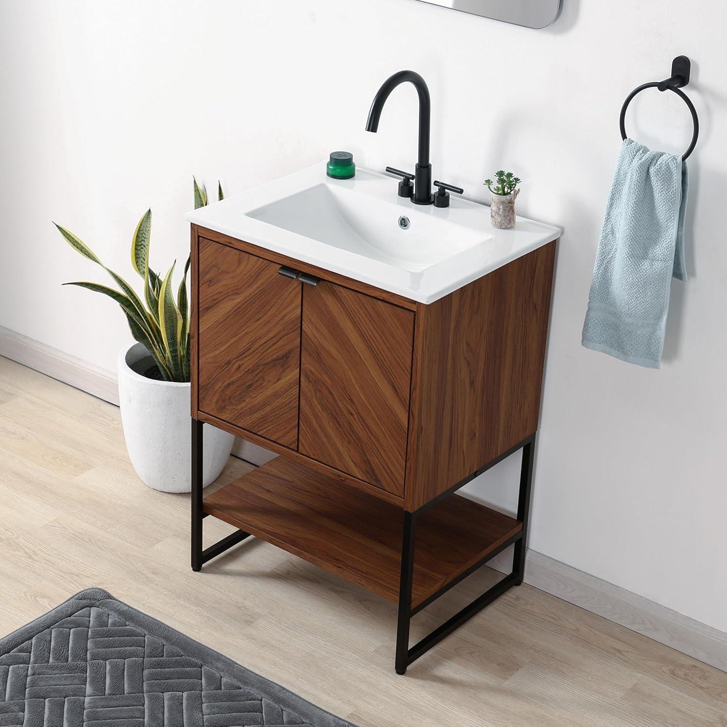 imageJONATHAN Y VAN1015A Juhl 35 in W x 18 in D x 33 in H ChevronFront Modern Minimalist 2Shelf Bathroom Vanity Cabinet Only with Soft Closing Doors Sink Basin Not Included OakWalnut