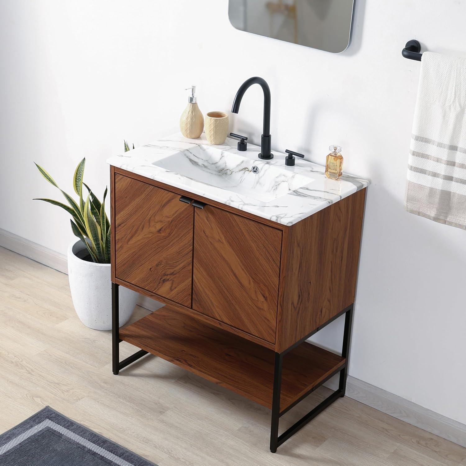 imageJONATHAN Y VAN1015A Juhl 35 in W x 18 in D x 33 in H ChevronFront Modern Minimalist 2Shelf Bathroom Vanity Cabinet Only with Soft Closing Doors Sink Basin Not Included OakWalnut