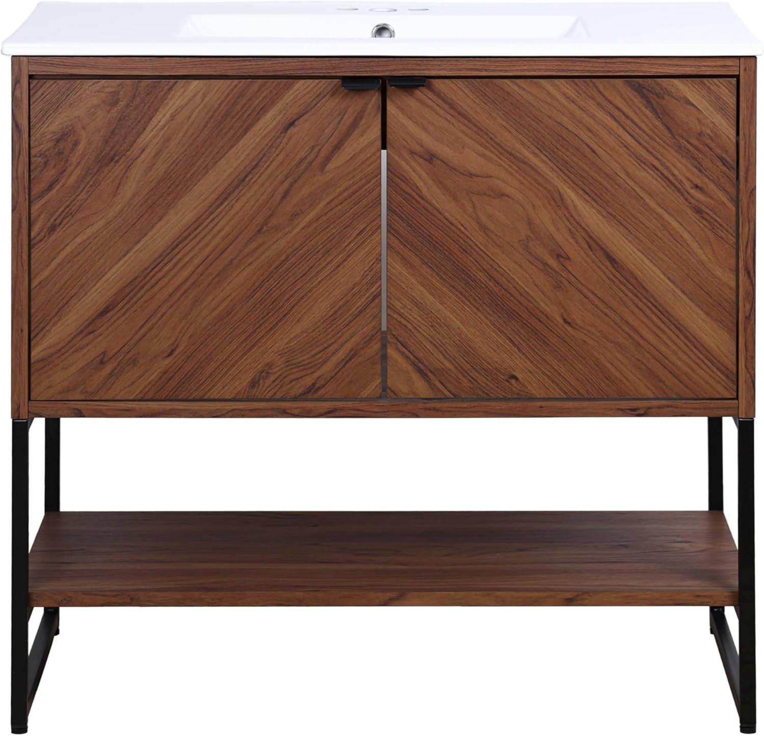 imageJONATHAN Y VAN1015A Juhl 35 in W x 18 in D x 33 in H ChevronFront Modern Minimalist 2Shelf Bathroom Vanity Cabinet Only with Soft Closing Doors Sink Basin Not Included OakWalnut