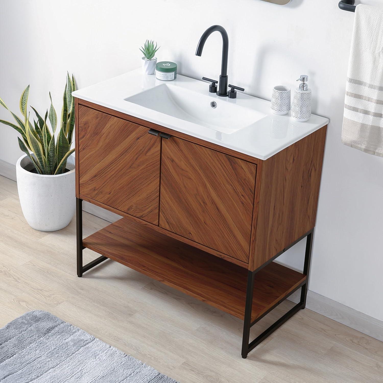imageJONATHAN Y VAN1015A Juhl 35 in W x 18 in D x 33 in H ChevronFront Modern Minimalist 2Shelf Bathroom Vanity Cabinet Only with Soft Closing Doors Sink Basin Not Included OakWalnut