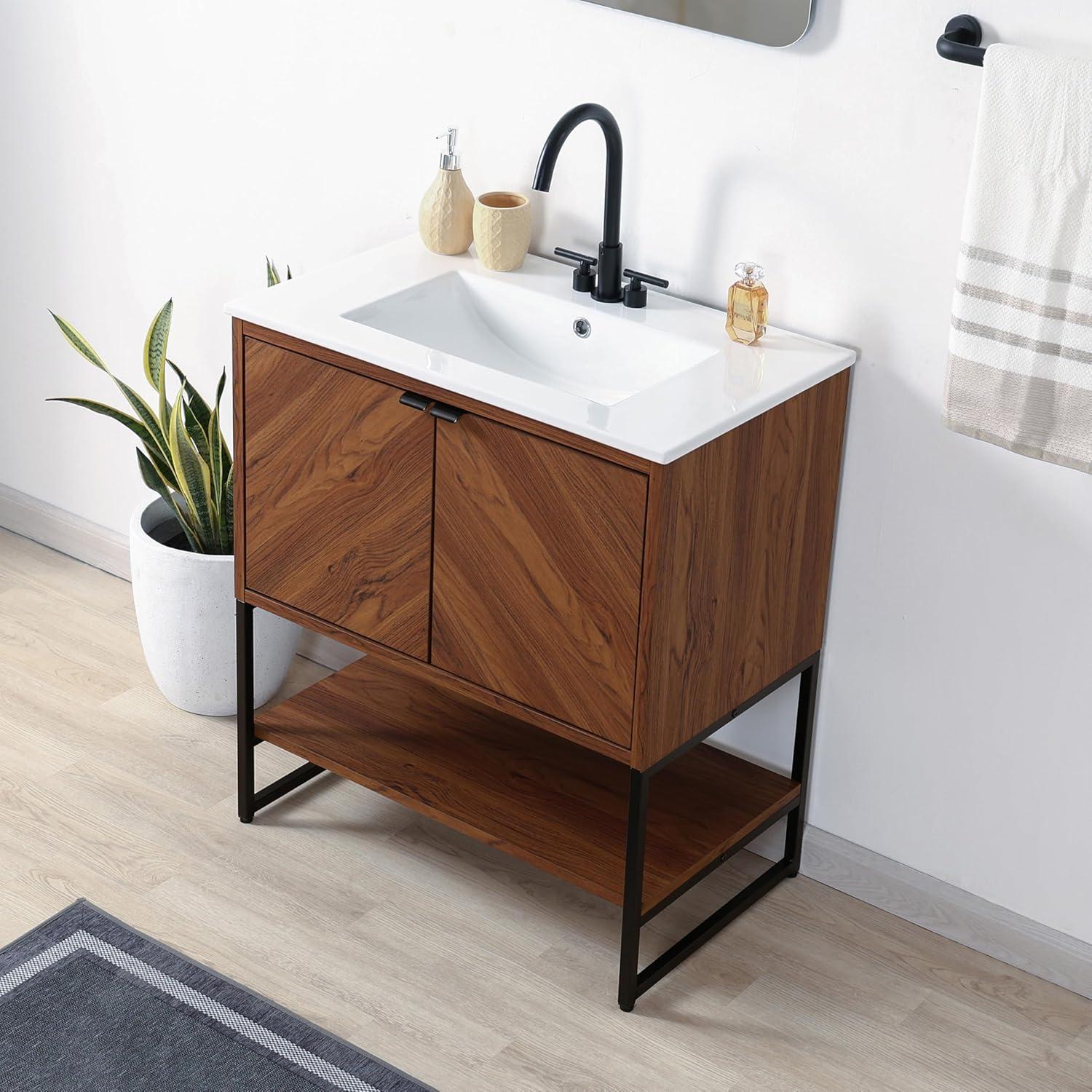 imageJONATHAN Y VAN1015A Juhl 35 in W x 18 in D x 33 in H ChevronFront Modern Minimalist 2Shelf Bathroom Vanity Cabinet Only with Soft Closing Doors Sink Basin Not Included OakWalnut