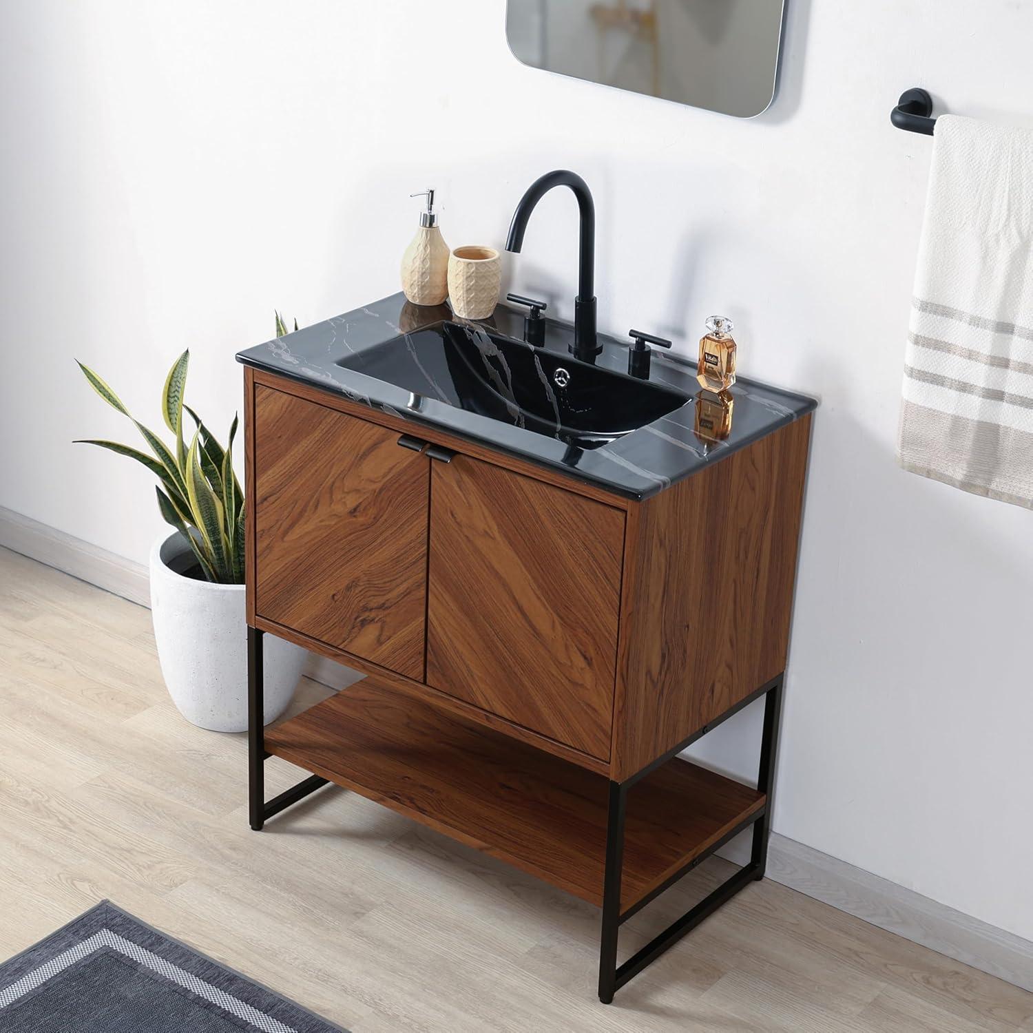 imageJONATHAN Y VAN1015A Juhl 35 in W x 18 in D x 33 in H ChevronFront Modern Minimalist 2Shelf Bathroom Vanity Cabinet Only with Soft Closing Doors Sink Basin Not Included OakWalnut