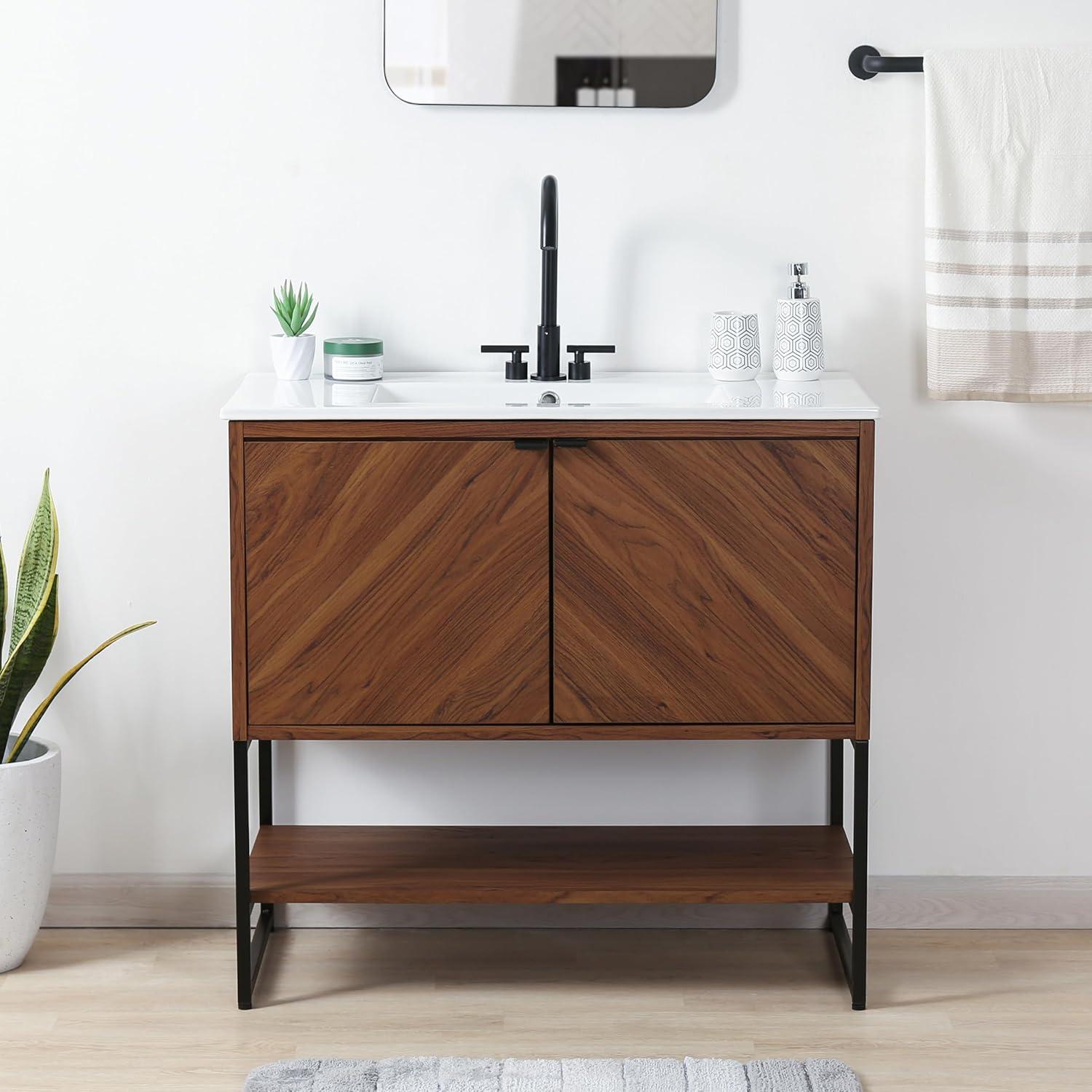 imageJONATHAN Y VAN1015A Juhl 35 in W x 18 in D x 33 in H ChevronFront Modern Minimalist 2Shelf Bathroom Vanity Cabinet Only with Soft Closing Doors Sink Basin Not Included OakWalnut