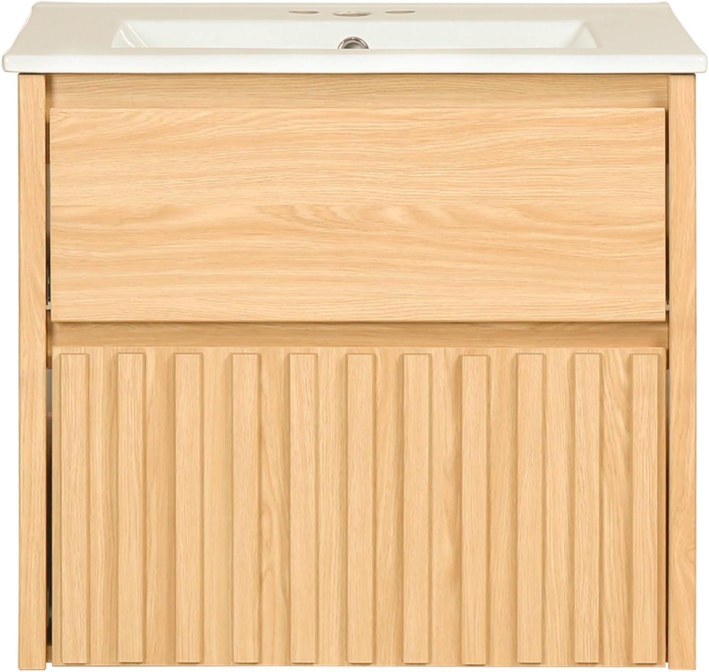 imageJONATHAN Y VAN1016C Sherwin 24 in W x 18 in D x 20 in H Slat Modern Coastal 2Drawer Wall Mounted Bathroom Vanity Cabinet Only with Soft Closing Doors Sink Basin Not Included BlackOak