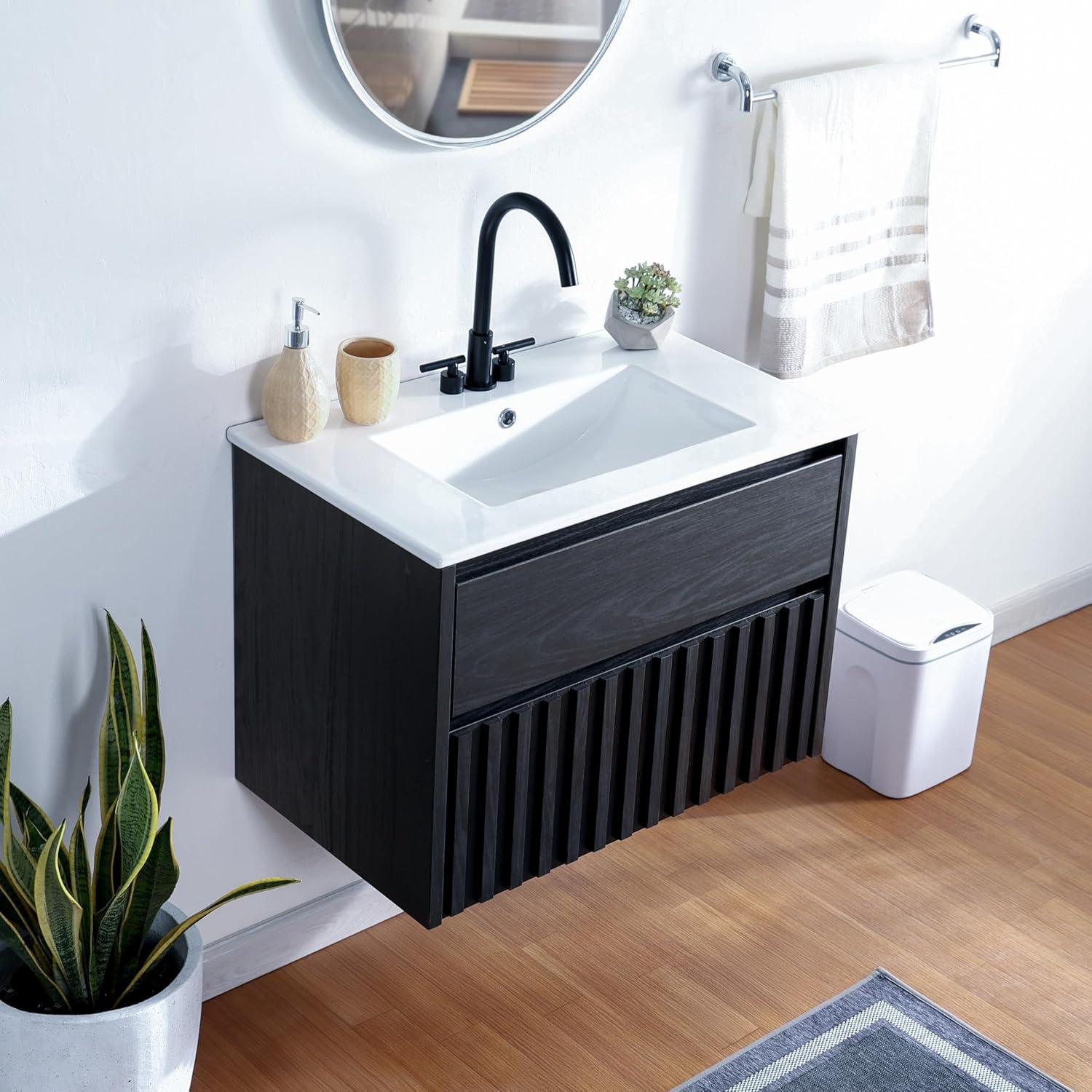 imageJONATHAN Y VAN1016C Sherwin 24 in W x 18 in D x 20 in H Slat Modern Coastal 2Drawer Wall Mounted Bathroom Vanity Cabinet Only with Soft Closing Doors Sink Basin Not Included BlackBlack