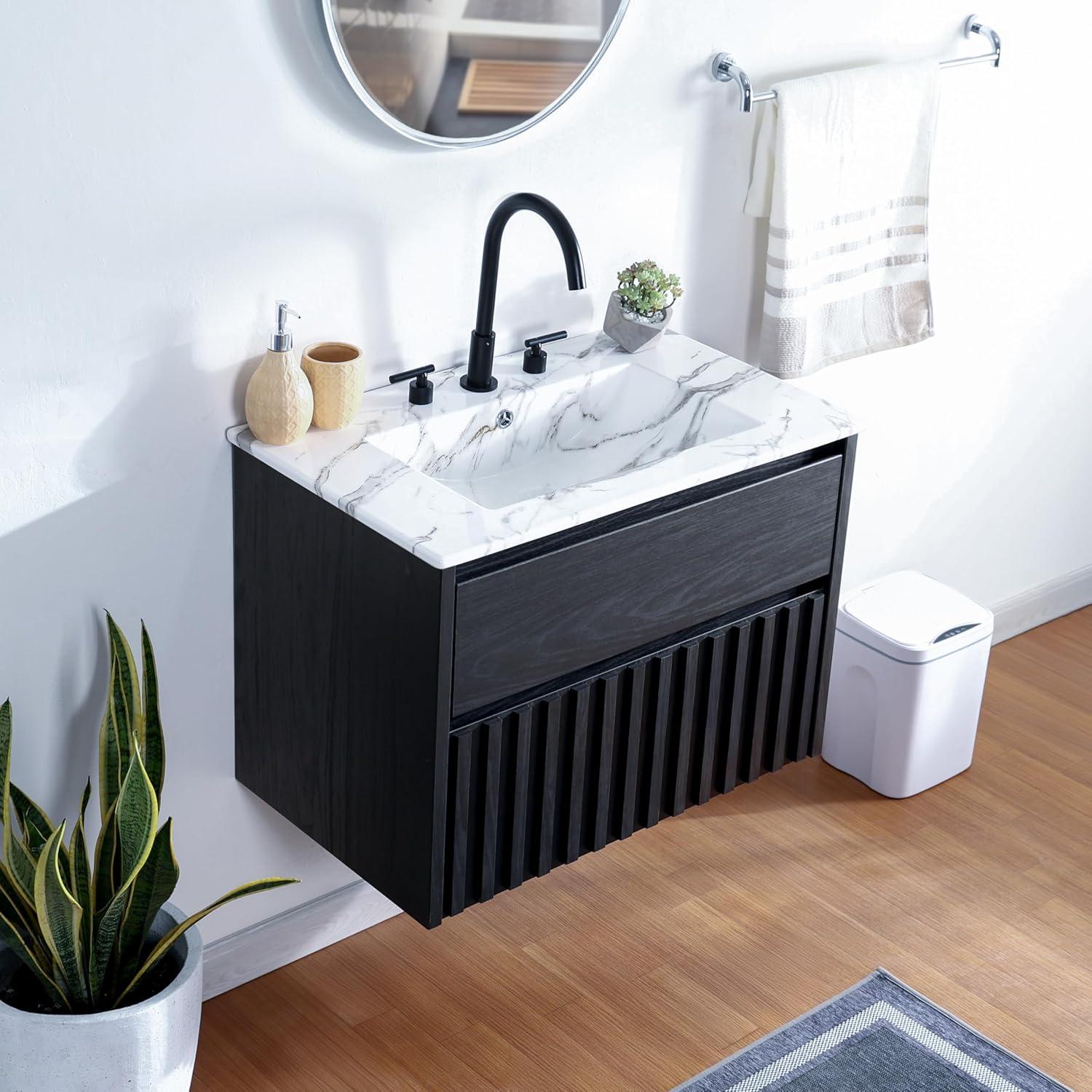 imageJONATHAN Y VAN1016C Sherwin 24 in W x 18 in D x 20 in H Slat Modern Coastal 2Drawer Wall Mounted Bathroom Vanity Cabinet Only with Soft Closing Doors Sink Basin Not Included BlackBlack