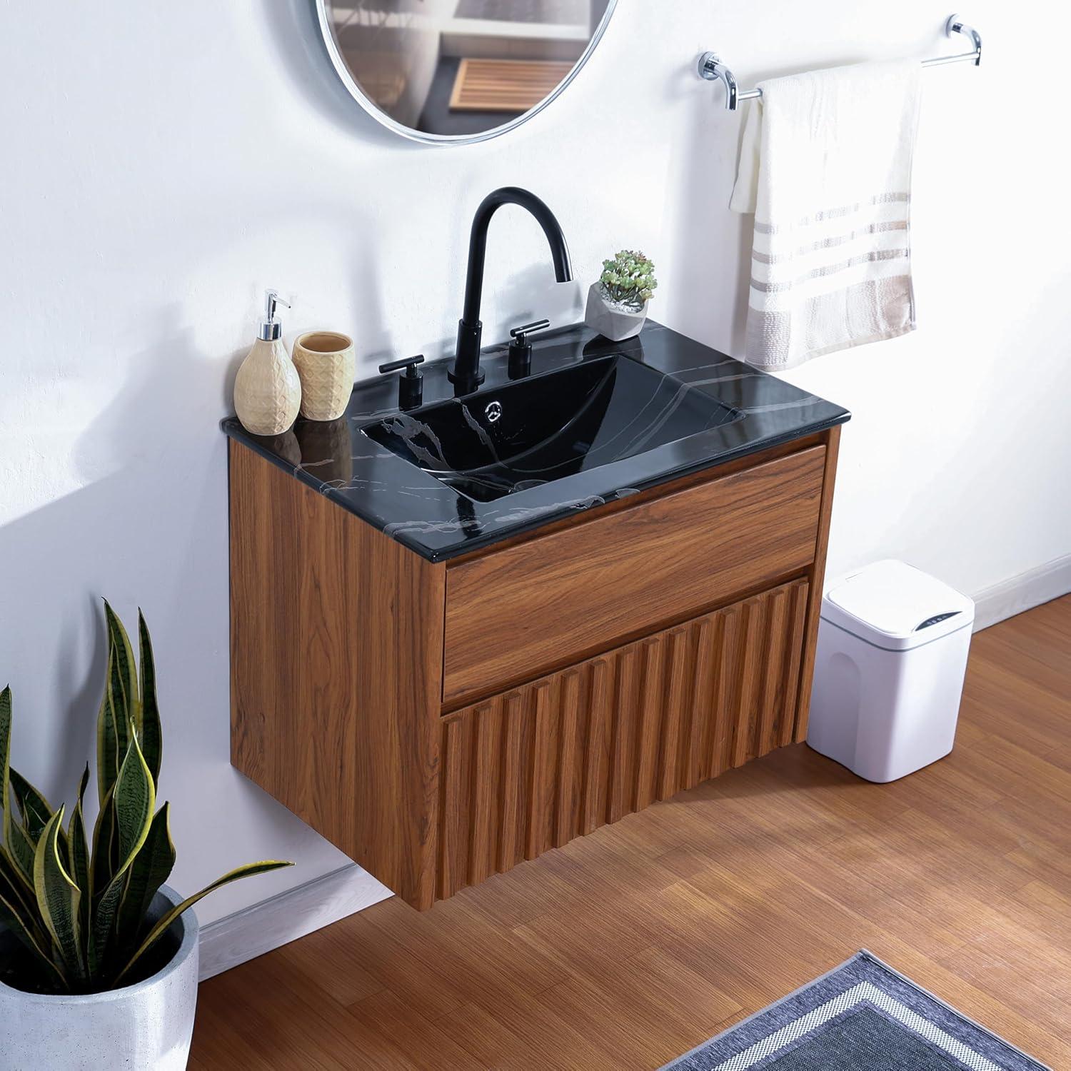 imageJONATHAN Y VAN1016C Sherwin 24 in W x 18 in D x 20 in H Slat Modern Coastal 2Drawer Wall Mounted Bathroom Vanity Cabinet Only with Soft Closing Doors Sink Basin Not Included BlackWalnut