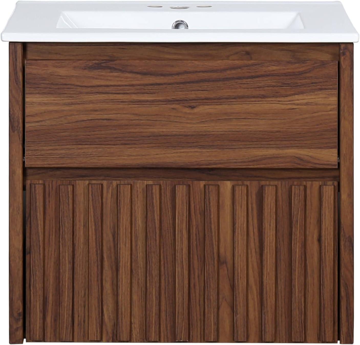 imageJONATHAN Y VAN1016C Sherwin 24 in W x 18 in D x 20 in H Slat Modern Coastal 2Drawer Wall Mounted Bathroom Vanity Cabinet Only with Soft Closing Doors Sink Basin Not Included BlackWalnut