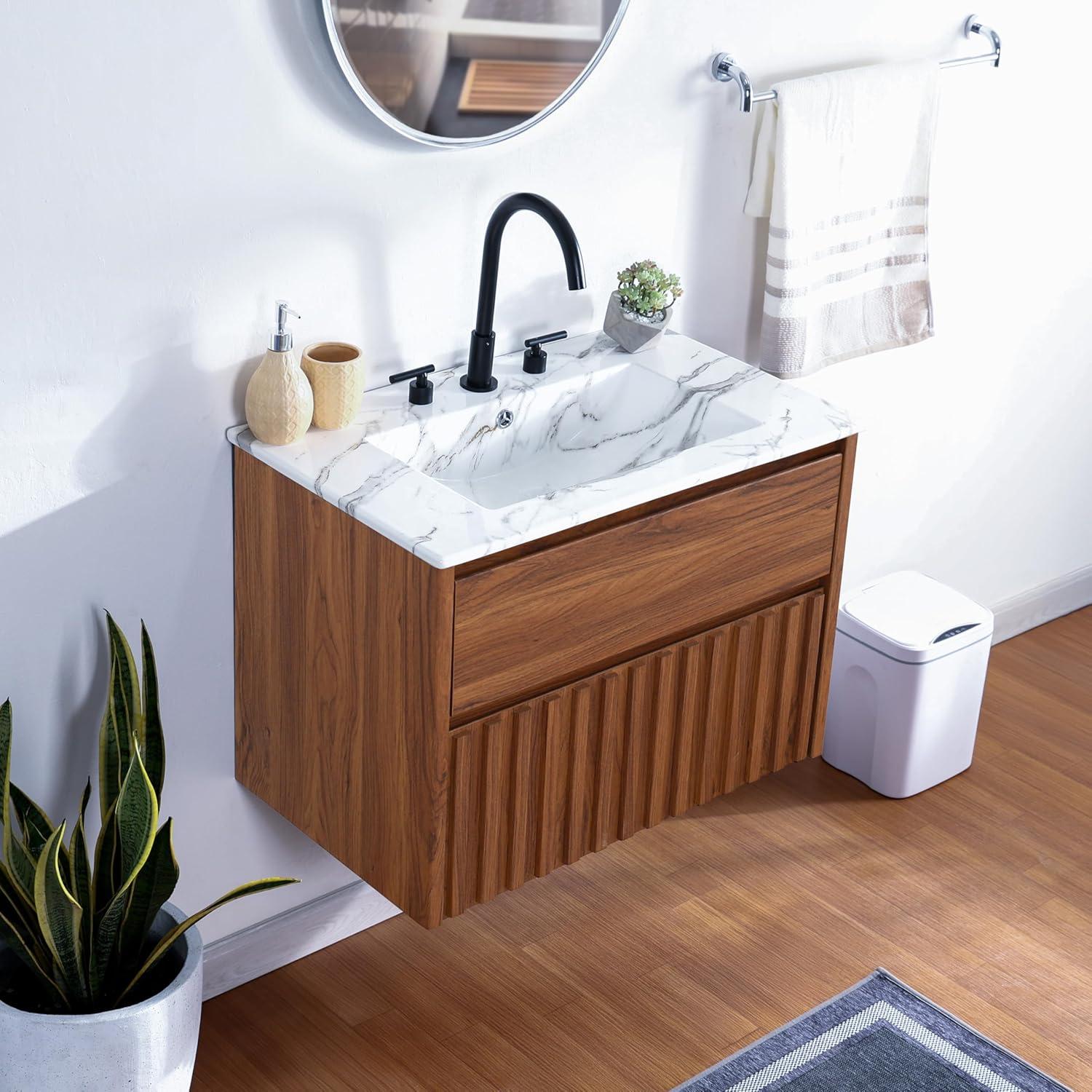 imageJONATHAN Y VAN1016C Sherwin 24 in W x 18 in D x 20 in H Slat Modern Coastal 2Drawer Wall Mounted Bathroom Vanity Cabinet Only with Soft Closing Doors Sink Basin Not Included BlackWalnut