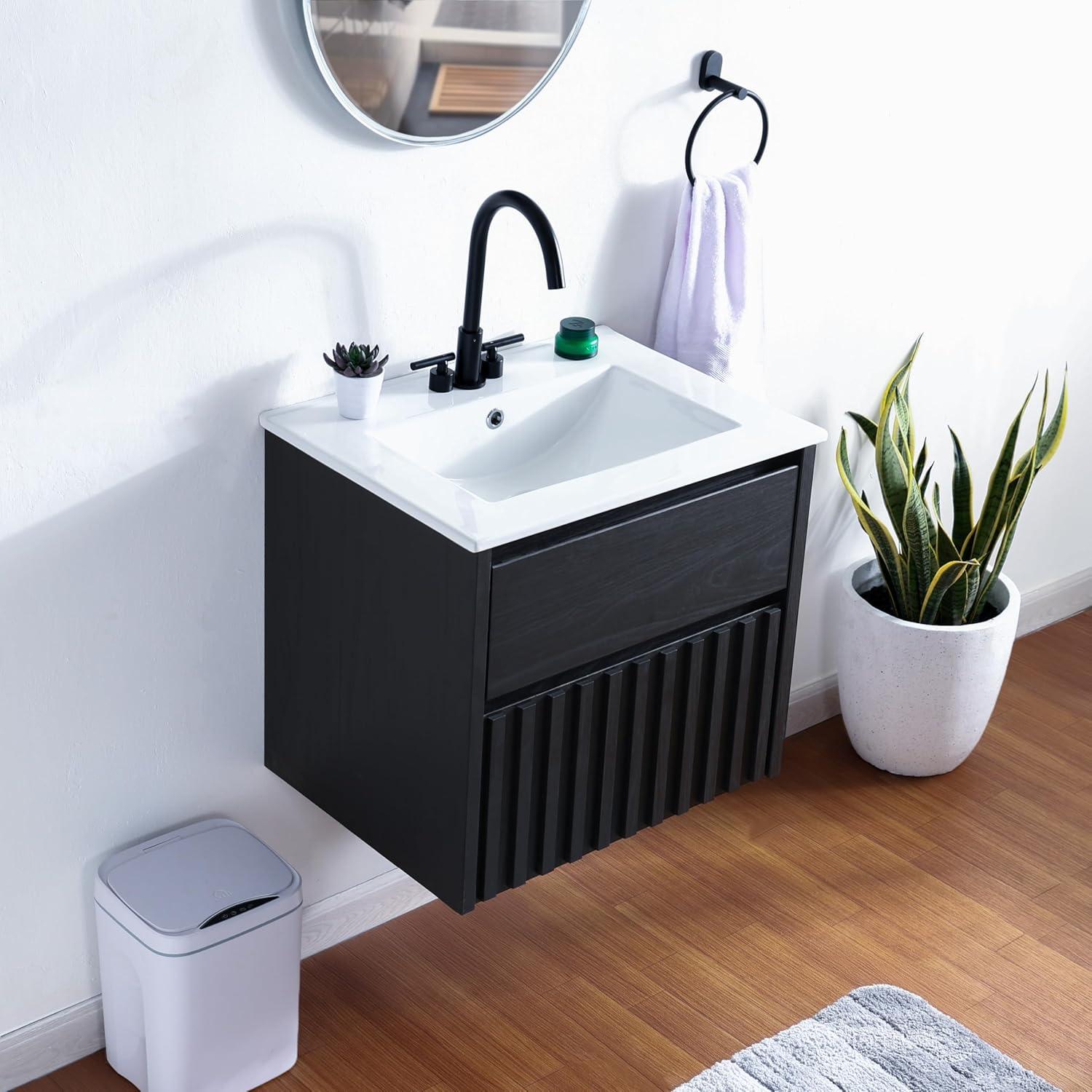 imageJONATHAN Y VAN1016C Sherwin 24 in W x 18 in D x 20 in H Slat Modern Coastal 2Drawer Wall Mounted Bathroom Vanity Cabinet Only with Soft Closing Doors Sink Basin Not Included BlackBlack