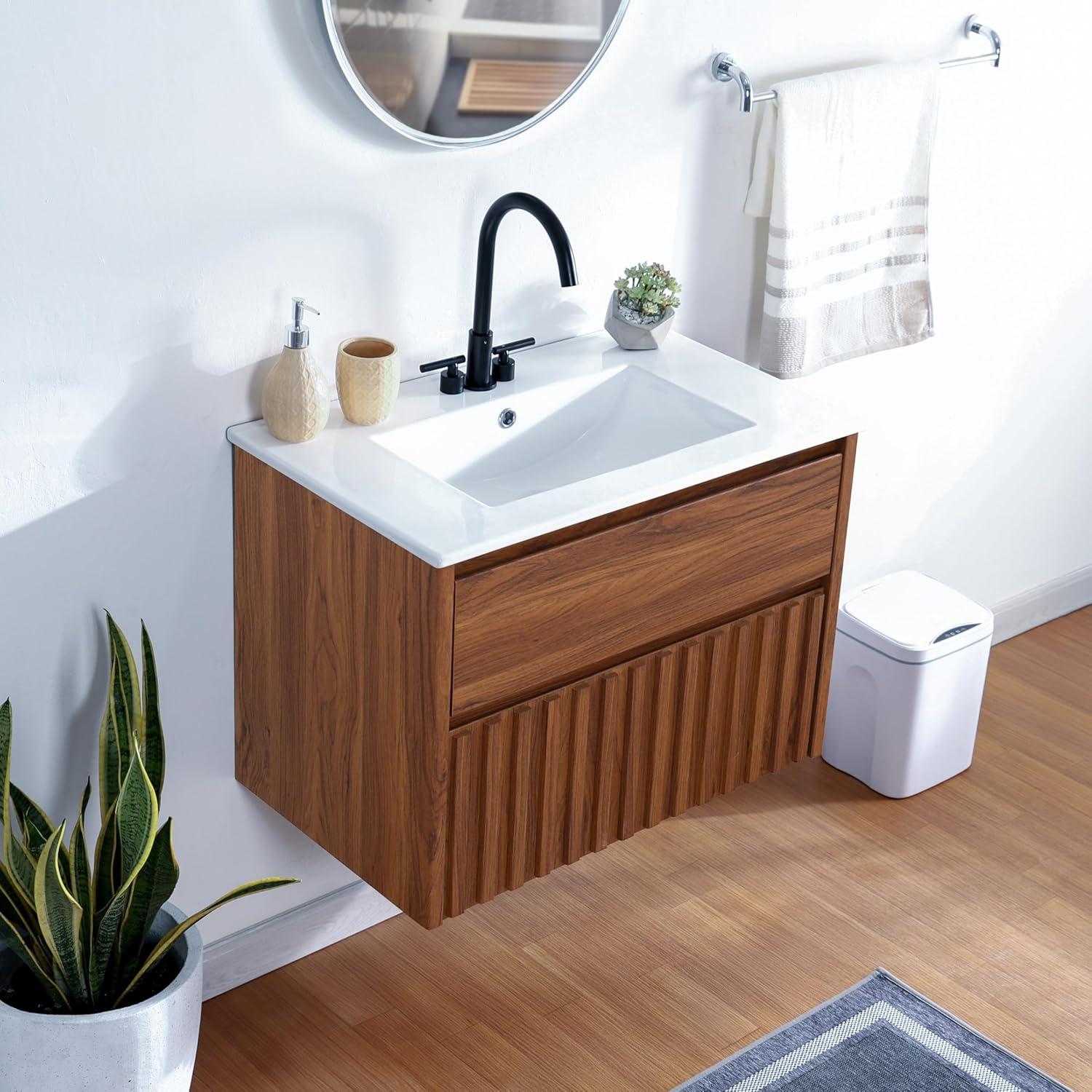 imageJONATHAN Y VAN1016C Sherwin 24 in W x 18 in D x 20 in H Slat Modern Coastal 2Drawer Wall Mounted Bathroom Vanity Cabinet Only with Soft Closing Doors Sink Basin Not Included BlackWalnut