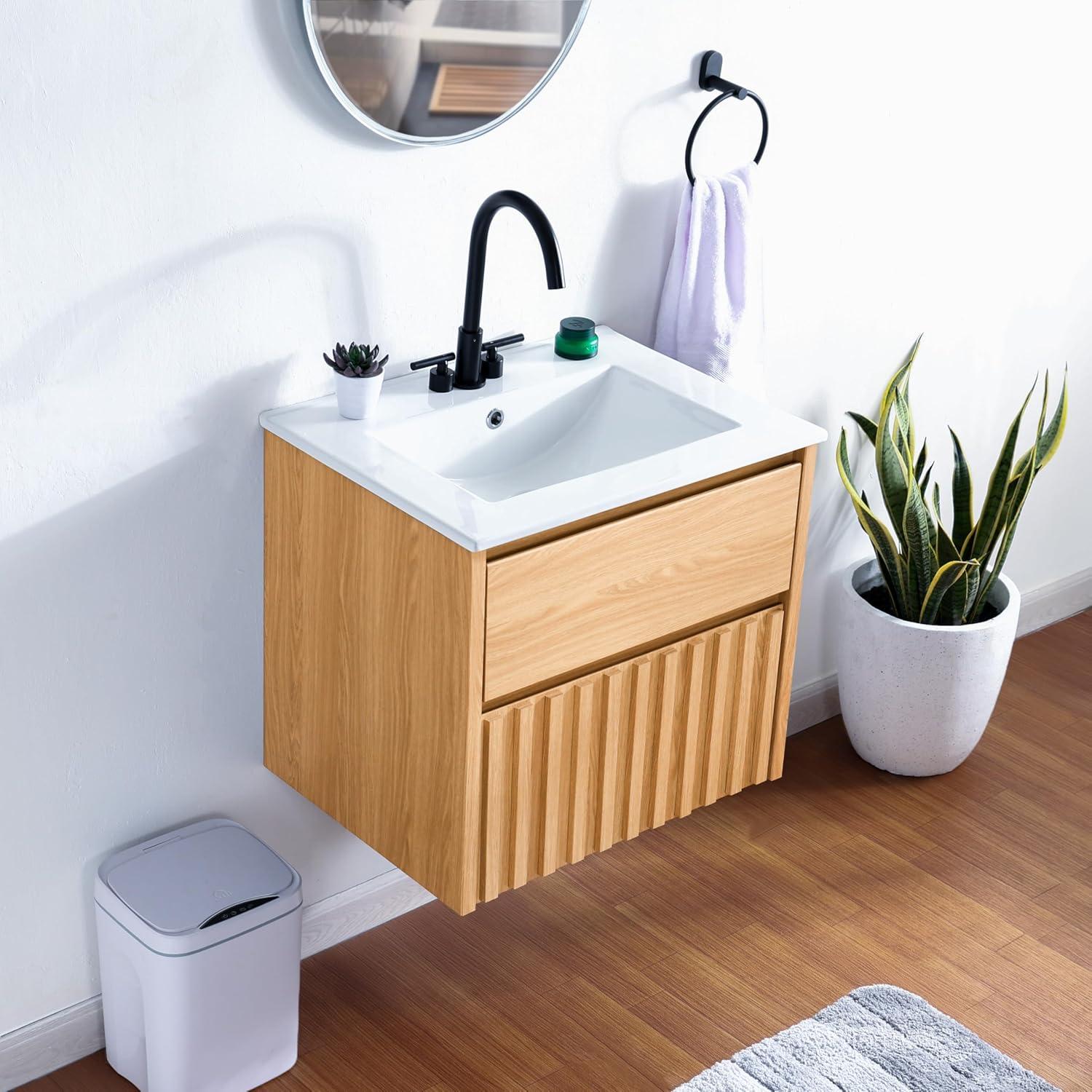 imageJONATHAN Y VAN1016C Sherwin 24 in W x 18 in D x 20 in H Slat Modern Coastal 2Drawer Wall Mounted Bathroom Vanity Cabinet Only with Soft Closing Doors Sink Basin Not Included BlackOak