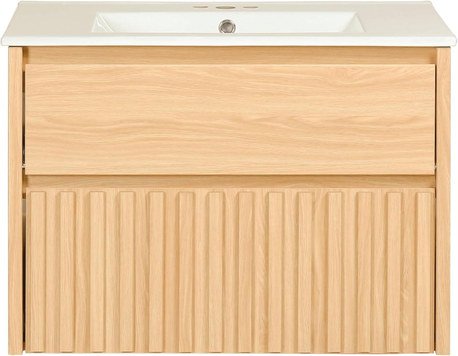 imageJONATHAN Y VAN1016C Sherwin 24 in W x 18 in D x 20 in H Slat Modern Coastal 2Drawer Wall Mounted Bathroom Vanity Cabinet Only with Soft Closing Doors Sink Basin Not Included BlackOak