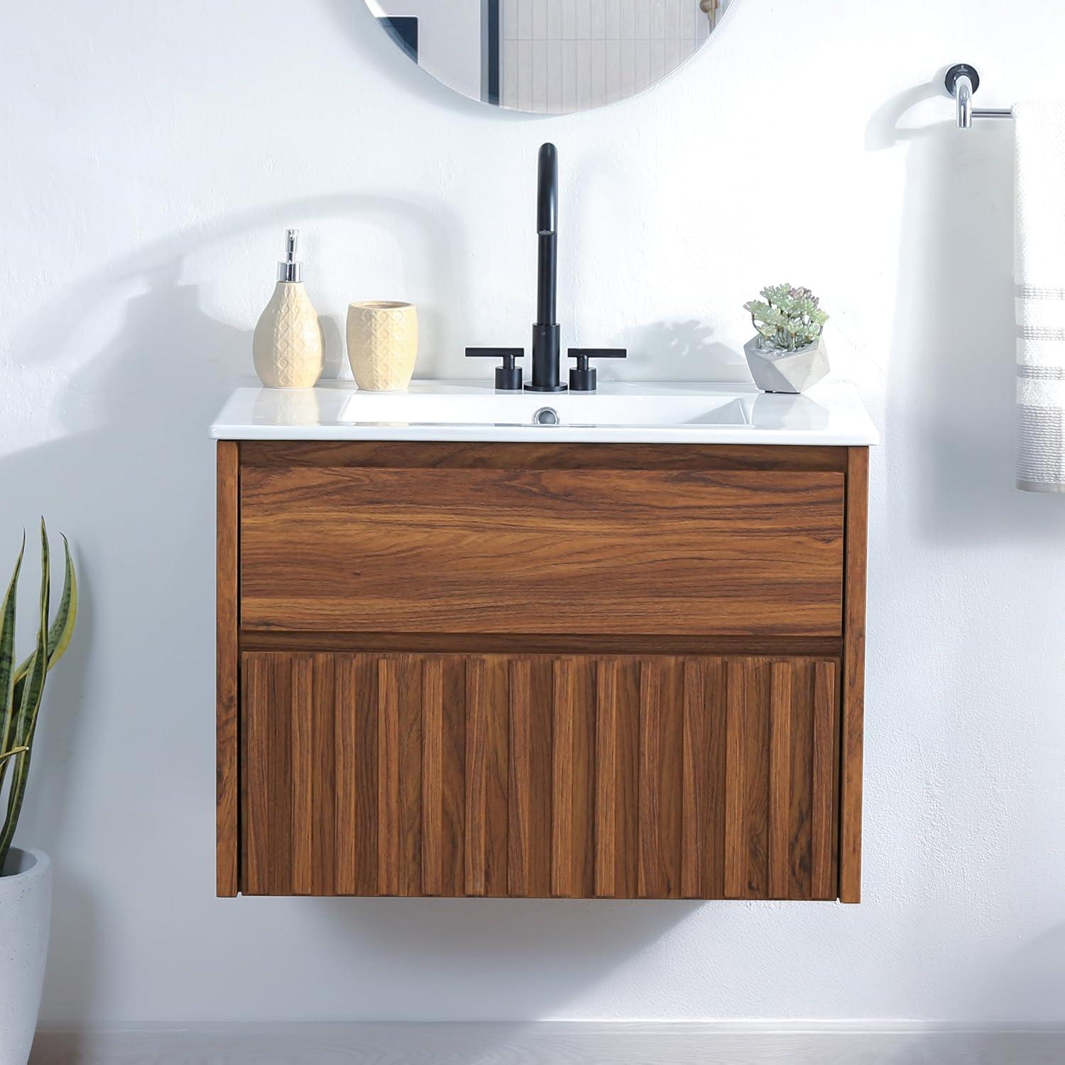 imageJONATHAN Y VAN1016C Sherwin 24 in W x 18 in D x 20 in H Slat Modern Coastal 2Drawer Wall Mounted Bathroom Vanity Cabinet Only with Soft Closing Doors Sink Basin Not Included BlackWalnut