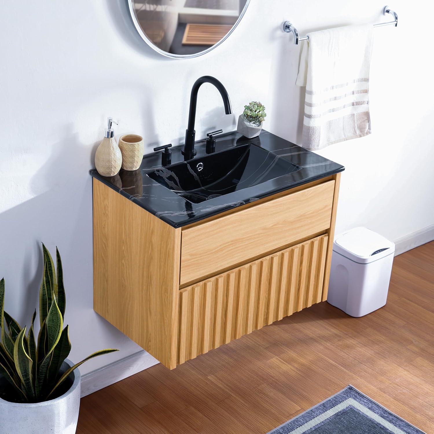 imageJONATHAN Y VAN1016C Sherwin 24 in W x 18 in D x 20 in H Slat Modern Coastal 2Drawer Wall Mounted Bathroom Vanity Cabinet Only with Soft Closing Doors Sink Basin Not Included BlackOak