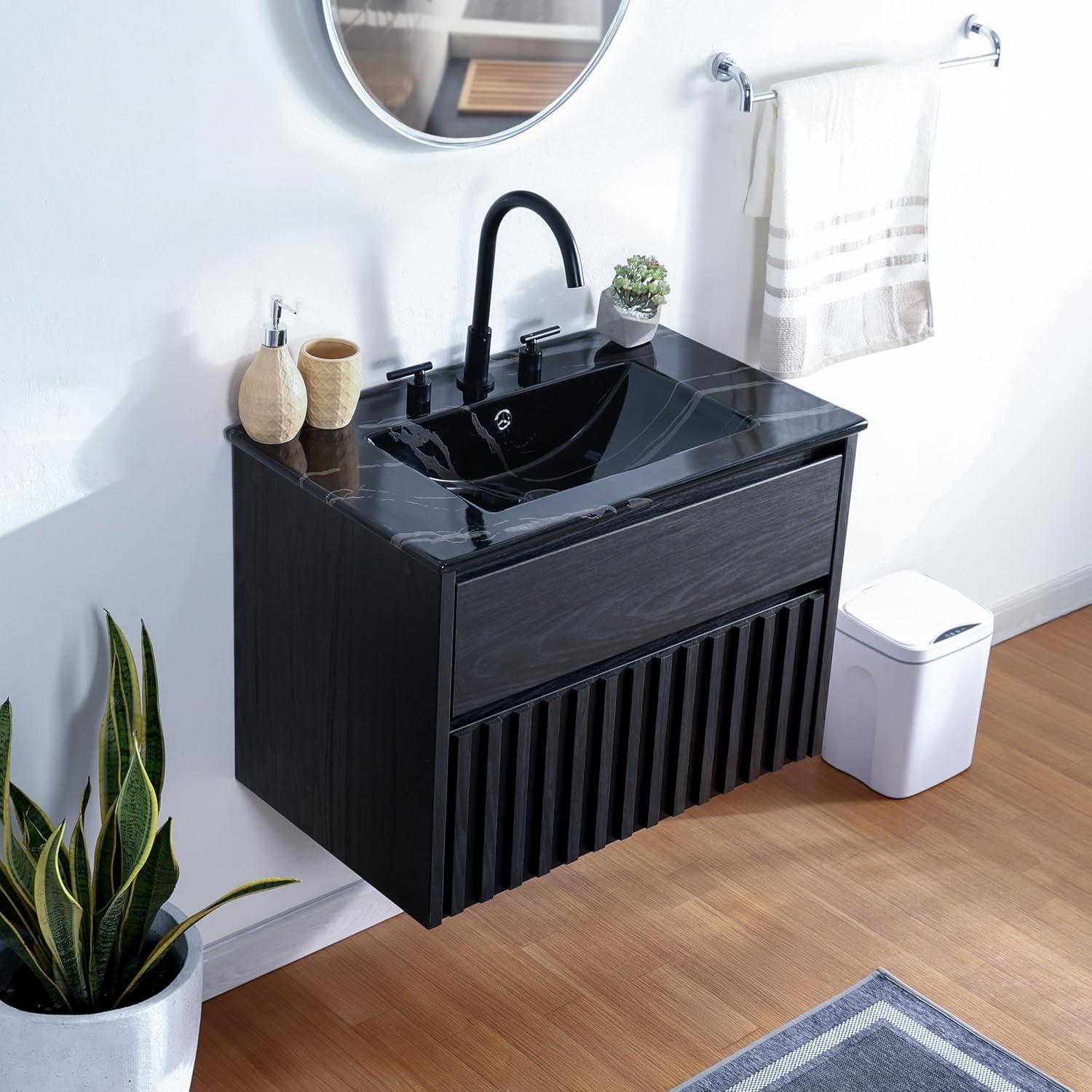 imageJONATHAN Y VAN1016C Sherwin 24 in W x 18 in D x 20 in H Slat Modern Coastal 2Drawer Wall Mounted Bathroom Vanity Cabinet Only with Soft Closing Doors Sink Basin Not Included BlackBlack