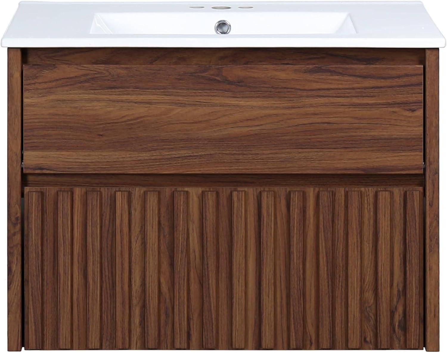 imageJONATHAN Y VAN1016C Sherwin 24 in W x 18 in D x 20 in H Slat Modern Coastal 2Drawer Wall Mounted Bathroom Vanity Cabinet Only with Soft Closing Doors Sink Basin Not Included BlackWalnut