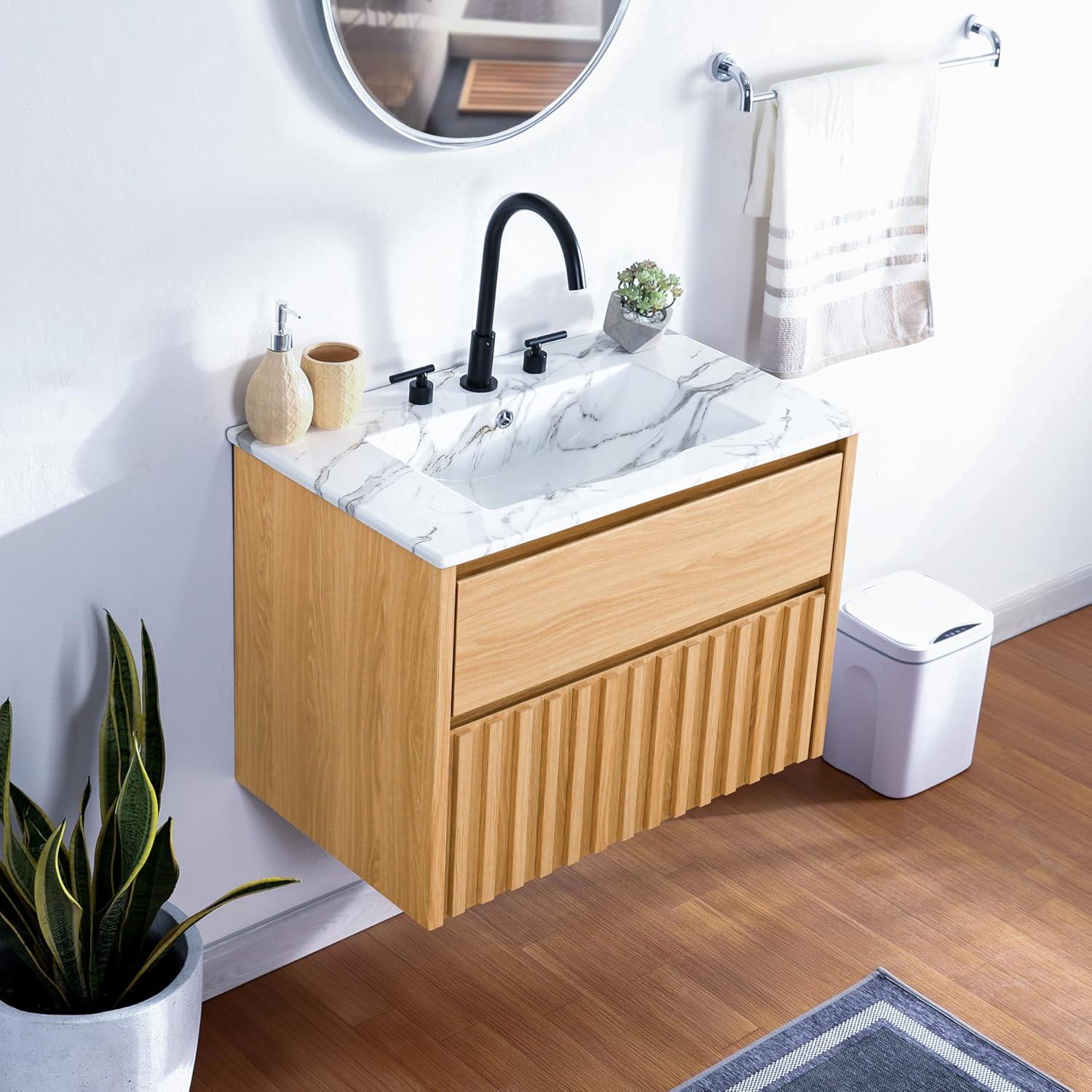 imageJONATHAN Y VAN1016C Sherwin 24 in W x 18 in D x 20 in H Slat Modern Coastal 2Drawer Wall Mounted Bathroom Vanity Cabinet Only with Soft Closing Doors Sink Basin Not Included BlackOak