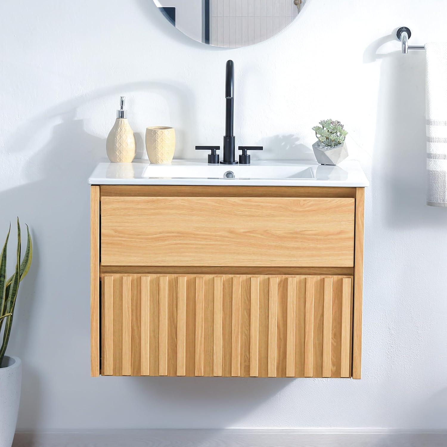 imageJONATHAN Y VAN1016C Sherwin 24 in W x 18 in D x 20 in H Slat Modern Coastal 2Drawer Wall Mounted Bathroom Vanity Cabinet Only with Soft Closing Doors Sink Basin Not Included BlackOak
